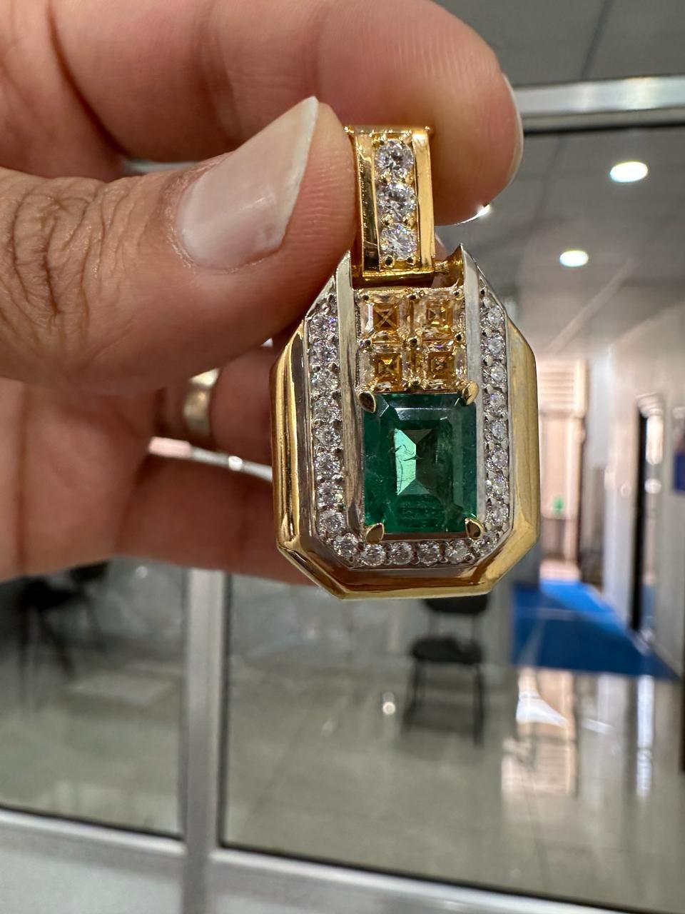 Vintage Emerald Diamond Pendant Necklace, 14K Yellow Gold, Luxury Gift for her