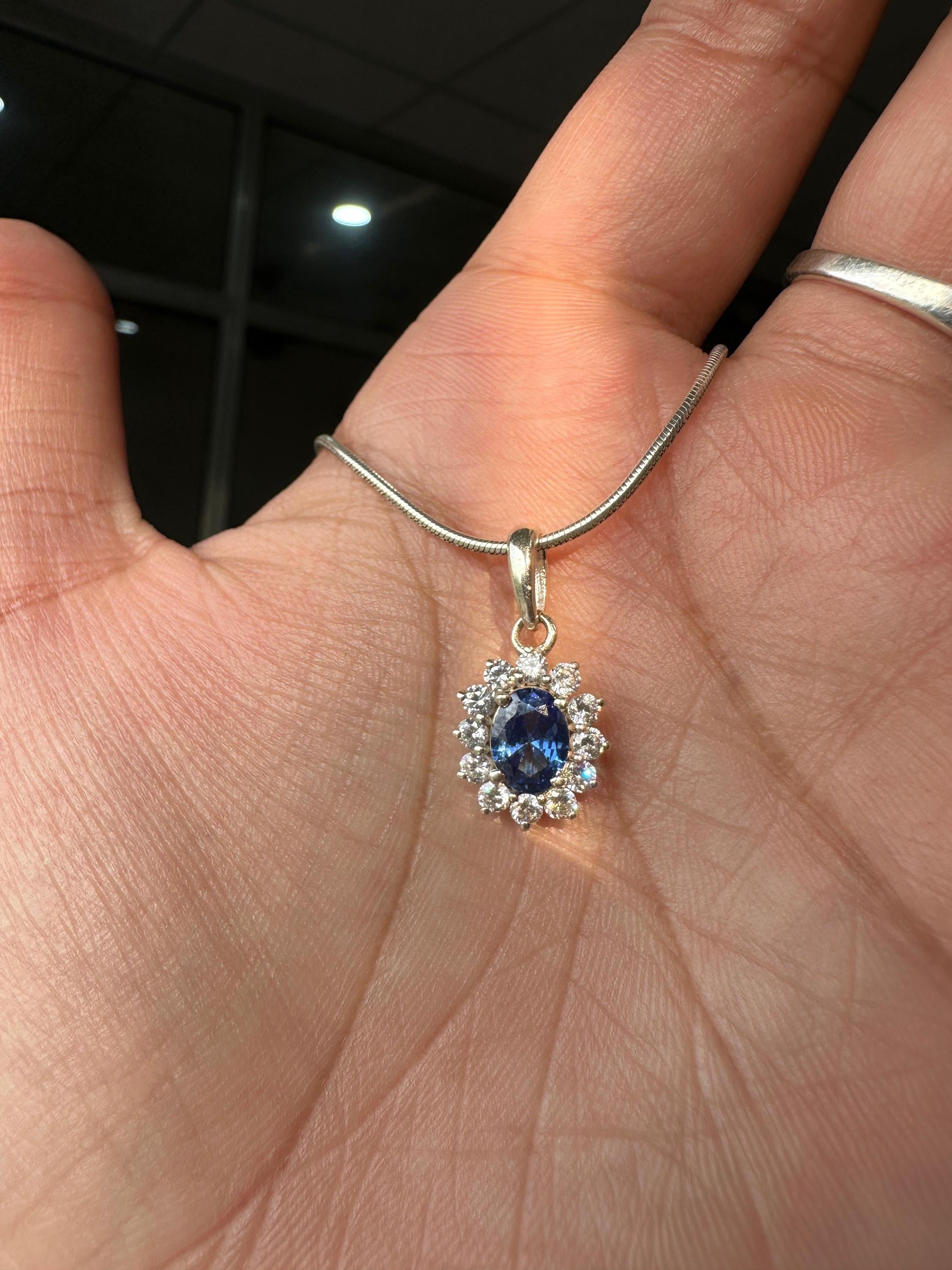 Oval Sapphire Moissanite Halo Pendant Necklace, 925 Sterling Silver Sunflower Jewelry