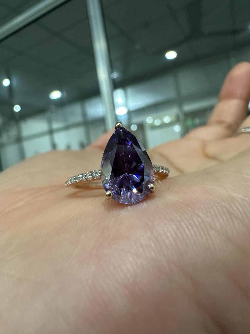 3.5 CT Purple Moissanite Engagement Ring, 14K Rose Gold Hidden Halo Ring