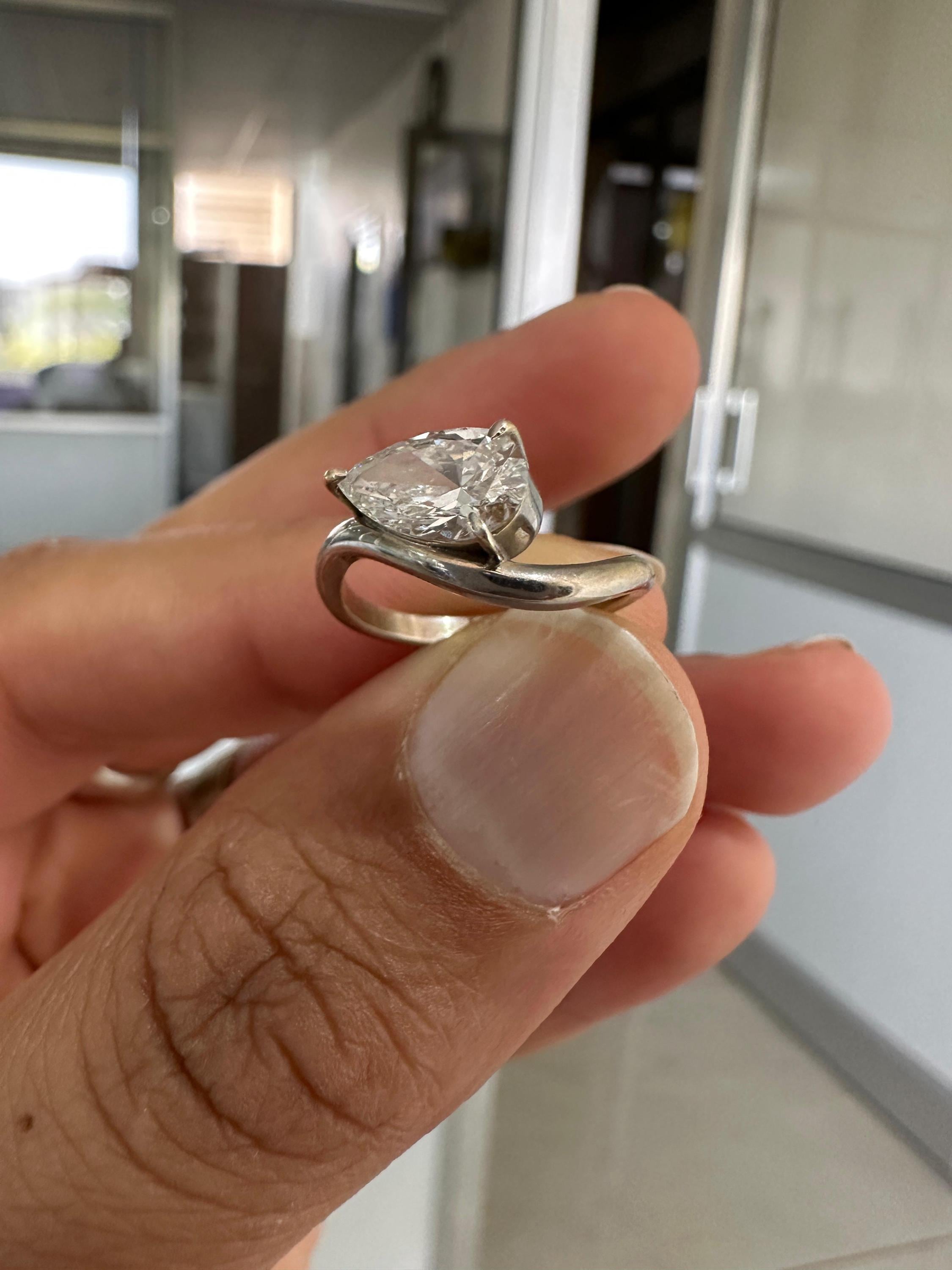 1 CT Pear Lab Diamond Signet Ring, 14K White Gold Curved Band, IGI Certified
