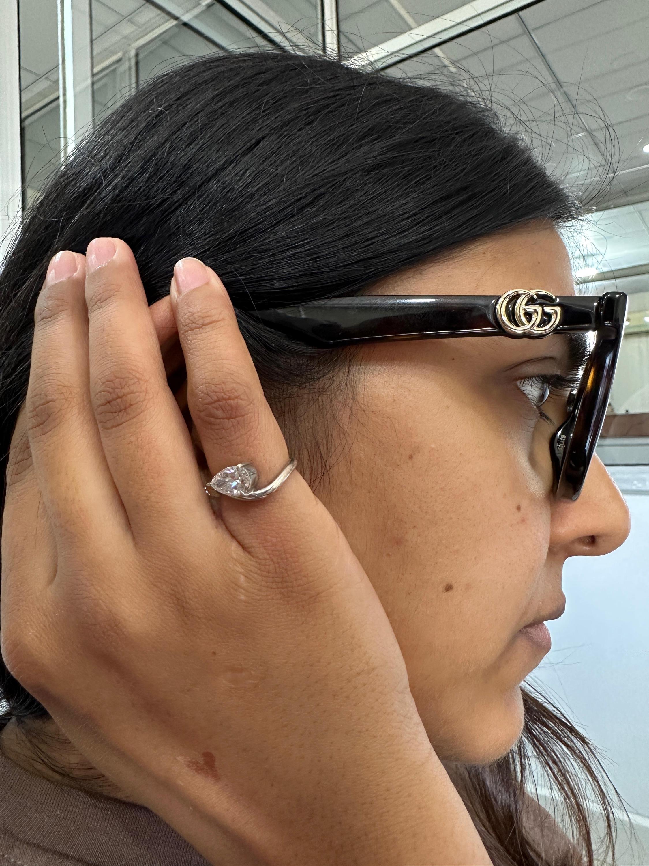 1 CT Pear Lab Diamond Signet Ring, 14K White Gold Curved Band, IGI Certified