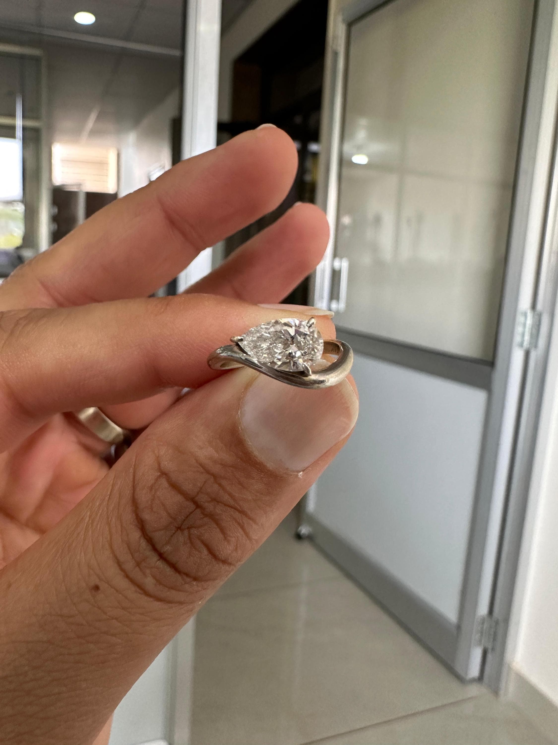 1 CT Pear Lab Diamond Signet Ring, 14K White Gold Curved Band, IGI Certified
