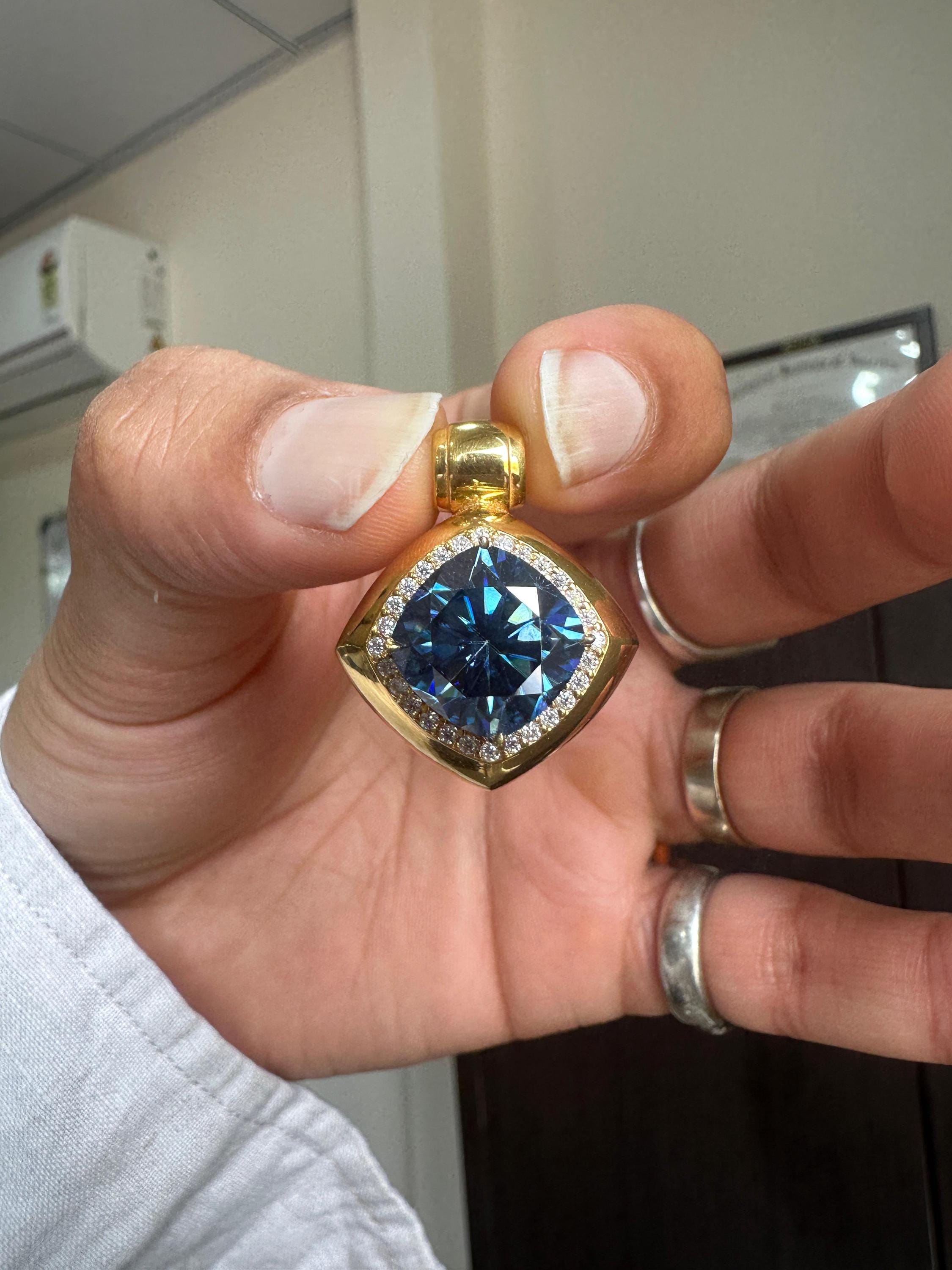 10 CT Cushion Blue Moissanite Halo Pendant | 14K Yellow Gold Statement Necklace