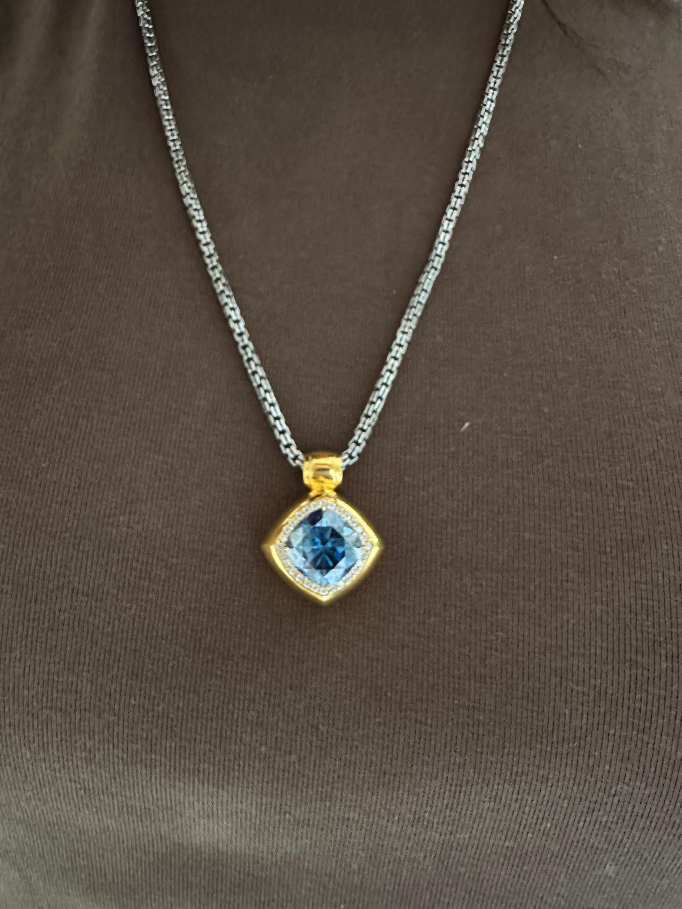 10 CT Cushion Blue Moissanite Halo Pendant | 14K Yellow Gold Statement Necklace