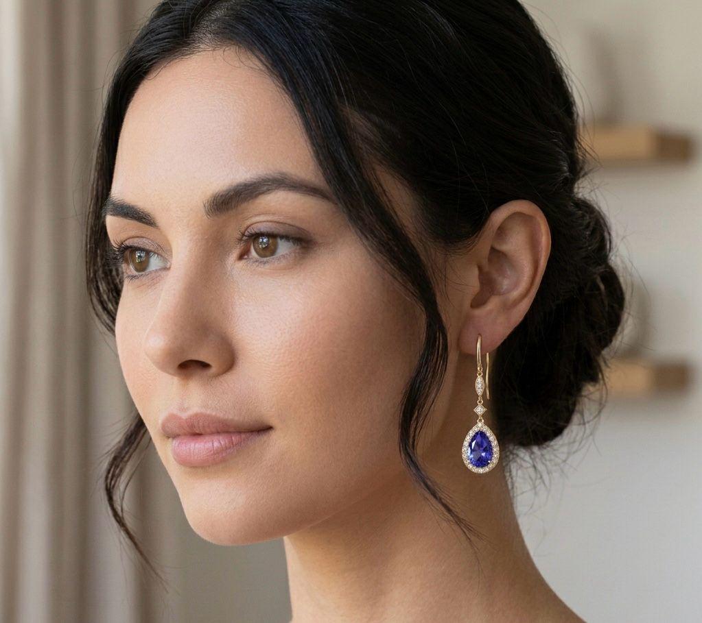 Pear Tanzanite Drop Earrings 14K Yellow Gold with Lab Diamonds 2.5 CT