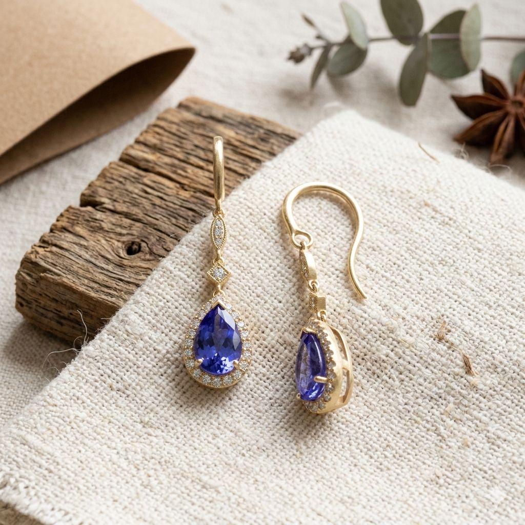 Pear Tanzanite Drop Earrings 14K Yellow Gold with Lab Diamonds 2.5 CT