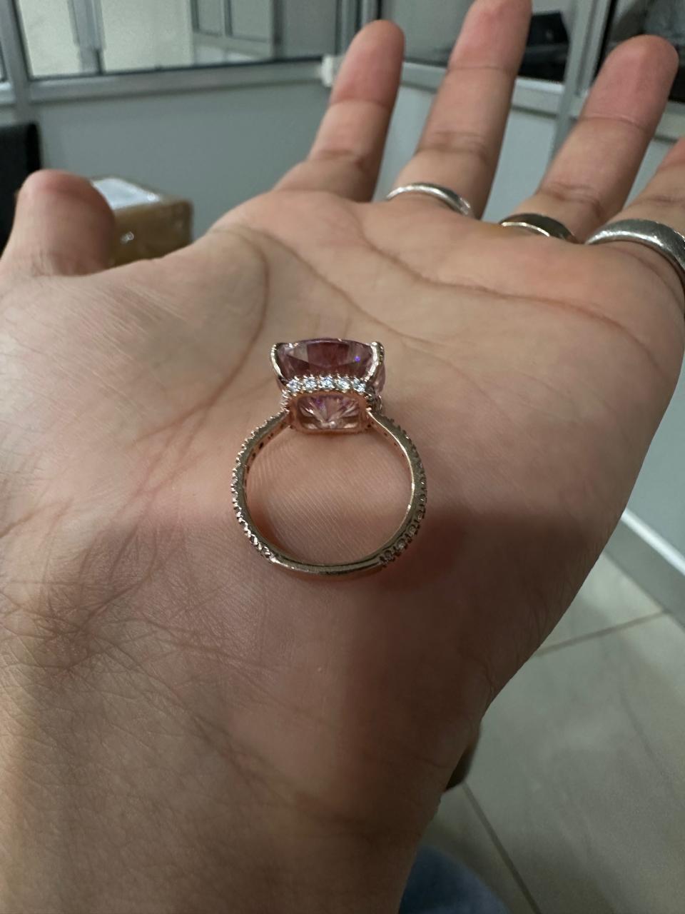 10 CT Pink Cushion Moissanite Engagement Ring, 14K Rose Gold Hidden Halo Pavé Band