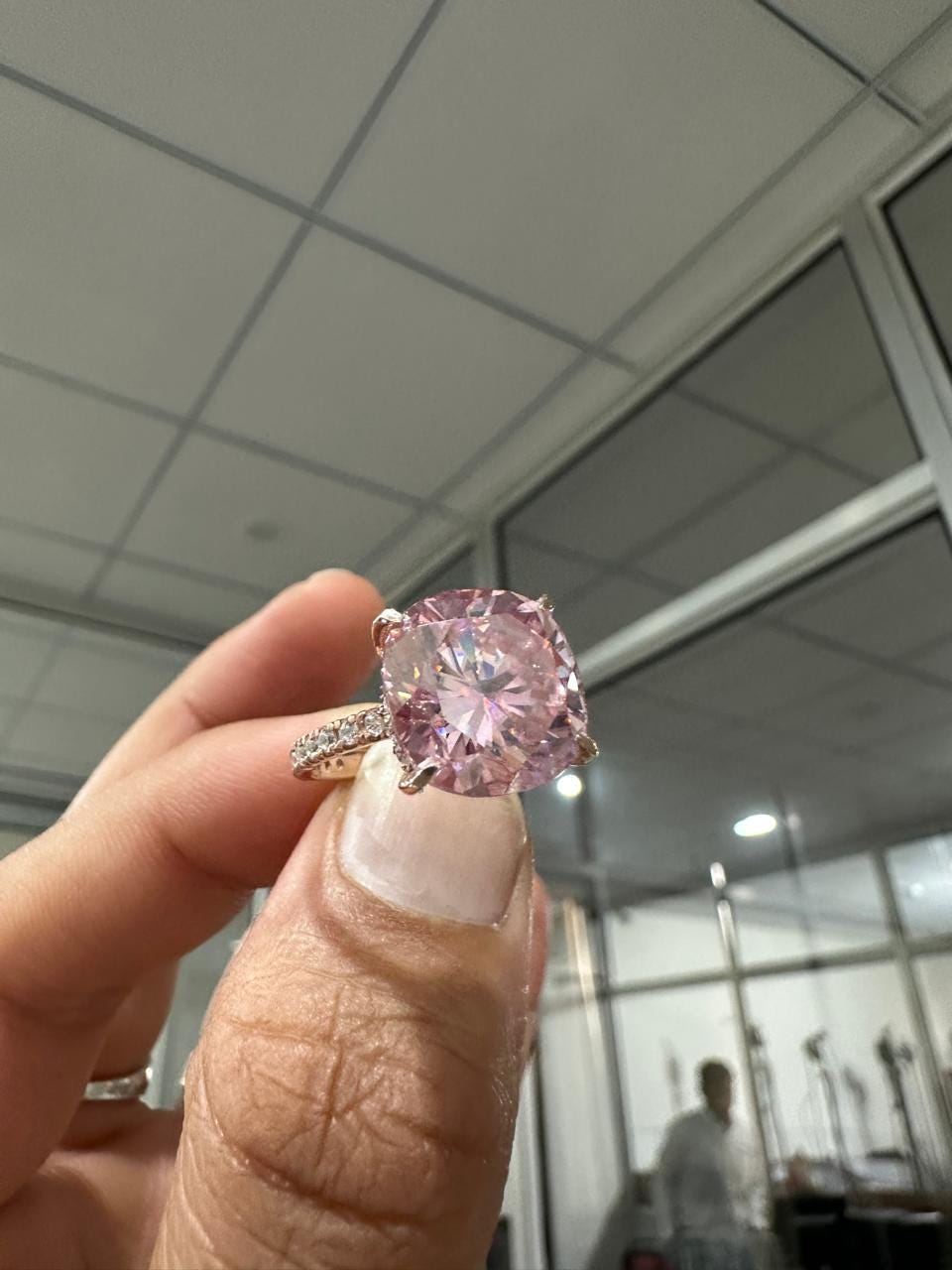 10 CT Pink Cushion Moissanite Engagement Ring, 14K Rose Gold Hidden Halo Pavé Band