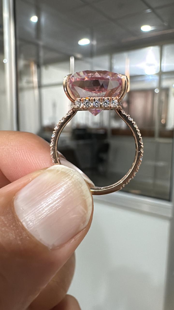 10 CT Pink Cushion Moissanite Engagement Ring, 14K Rose Gold Hidden Halo Pavé Band