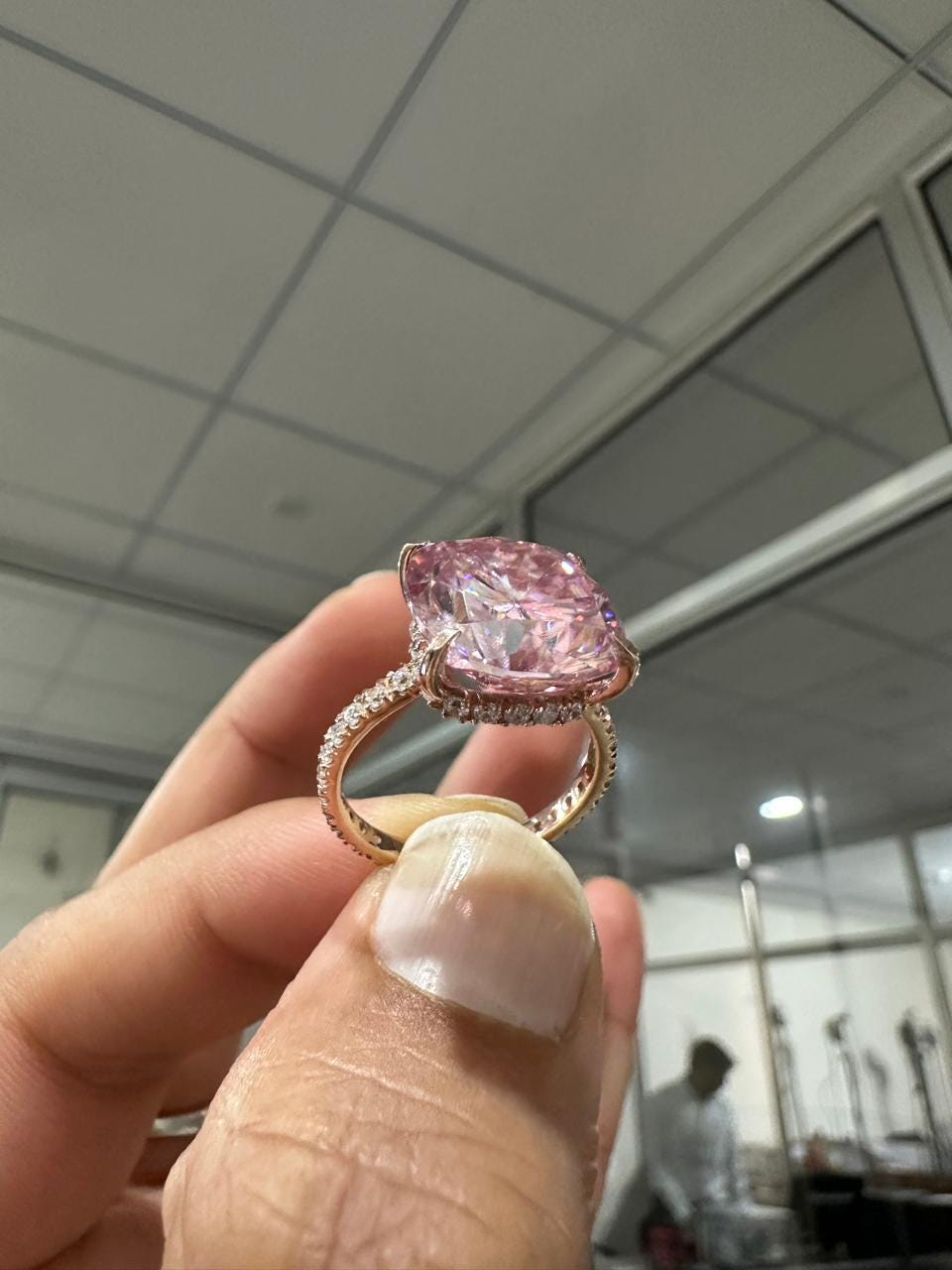 10 CT Pink Cushion Moissanite Engagement Ring, 14K Rose Gold Hidden Halo Pavé Band