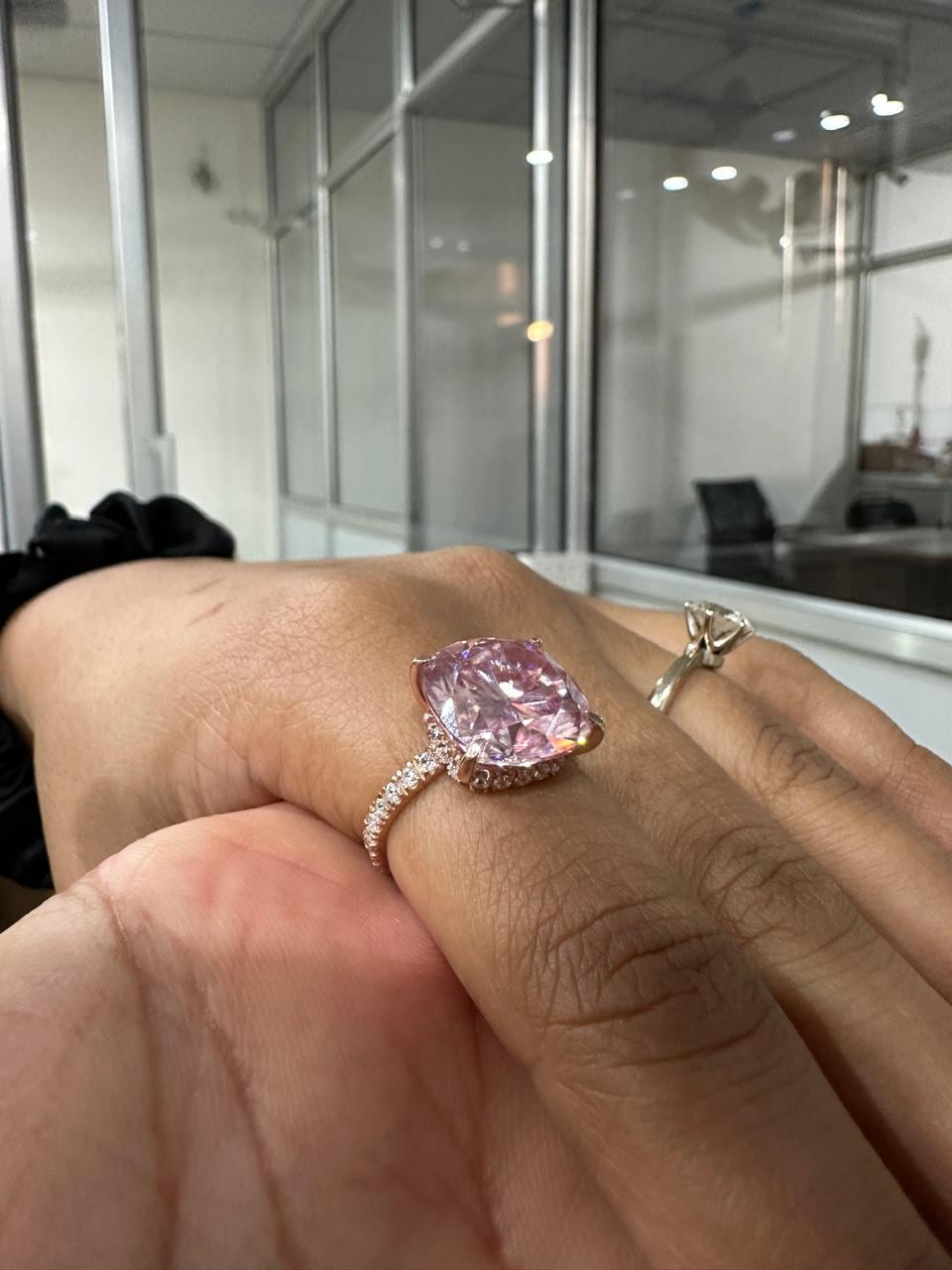 10 CT Pink Cushion Moissanite Engagement Ring, 14K Rose Gold Hidden Halo Pavé Band