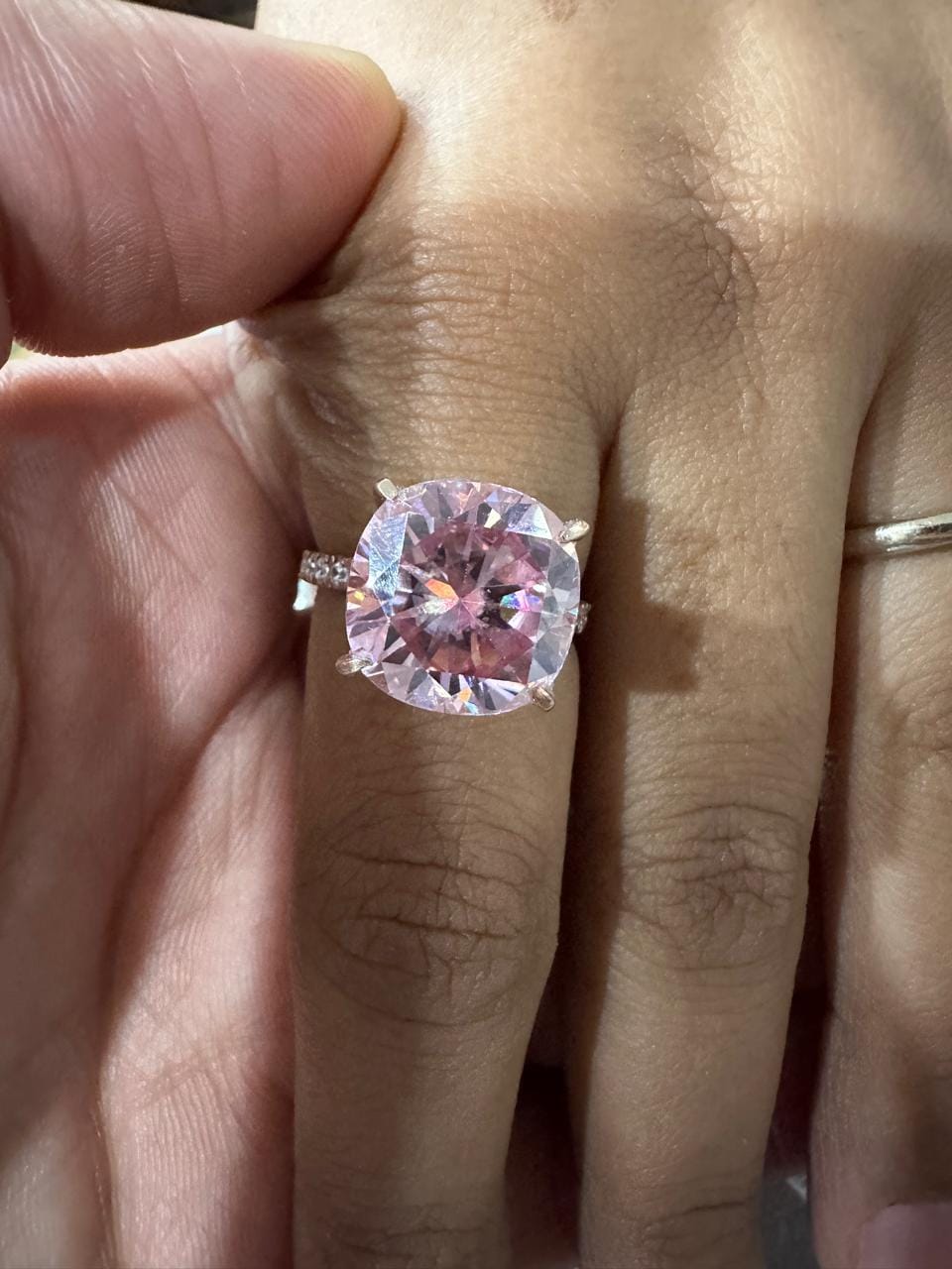 10 CT Pink Cushion Moissanite Engagement Ring, 14K Rose Gold Hidden Halo Pavé Band