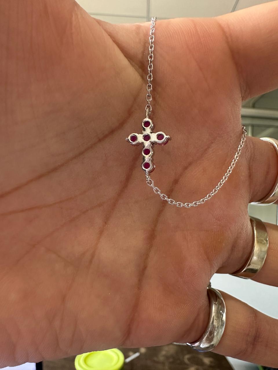 Minimal Ruby Cross Bracelet | 925 Sterling Silver | Red Gemstone Chain Bracelet | Religious Jewelry