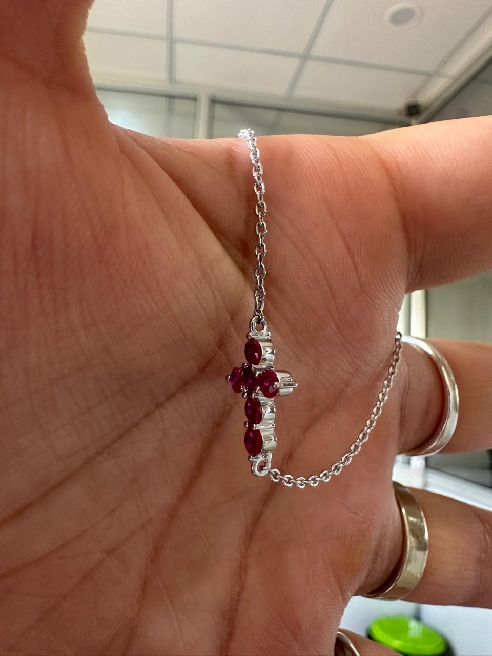 Minimal Ruby Cross Bracelet | 925 Sterling Silver | Red Gemstone Chain Bracelet | Religious Jewelry