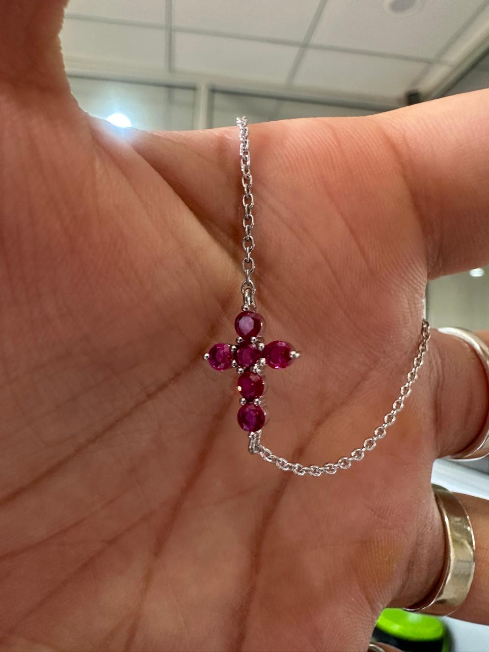 Minimal Ruby Cross Bracelet | 925 Sterling Silver | Red Gemstone Chain Bracelet | Religious Jewelry