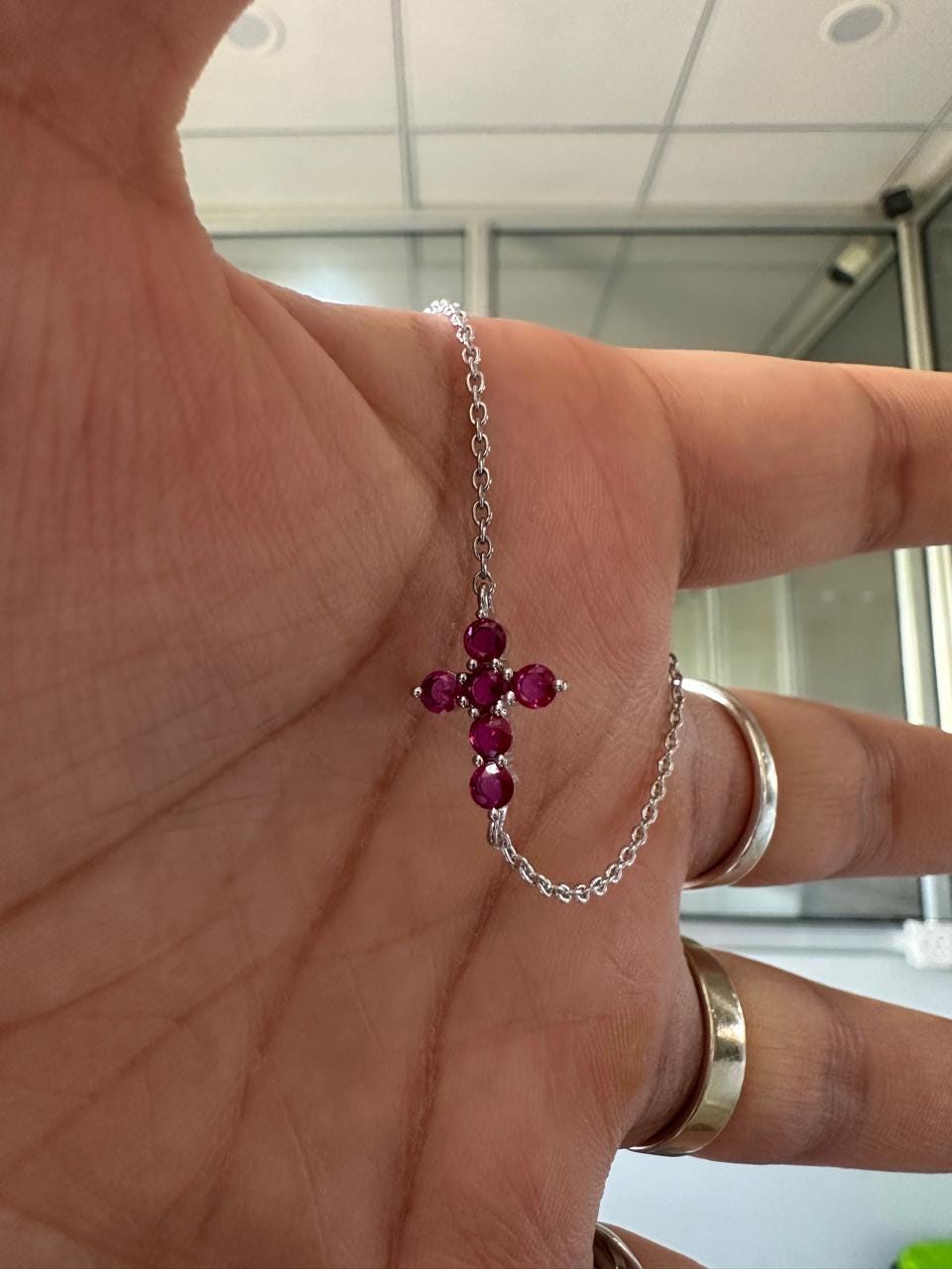 Minimal Ruby Cross Bracelet | 925 Sterling Silver | Red Gemstone Chain Bracelet | Religious Jewelry