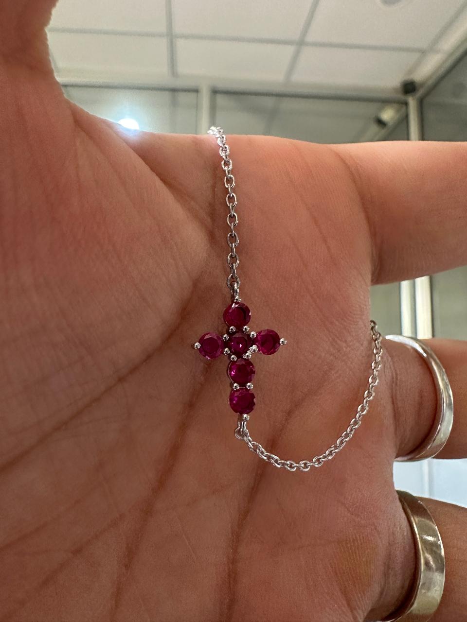 Minimal Ruby Cross Bracelet | 925 Sterling Silver | Red Gemstone Chain Bracelet | Religious Jewelry