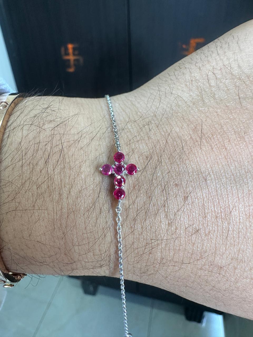 Minimal Ruby Cross Bracelet | 925 Sterling Silver | Red Gemstone Chain Bracelet | Religious Jewelry