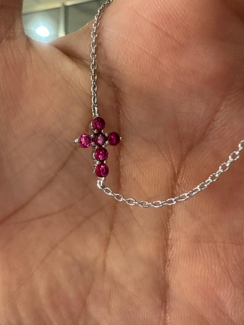 Minimal Ruby Cross Bracelet | 925 Sterling Silver | Red Gemstone Chain Bracelet | Religious Jewelry
