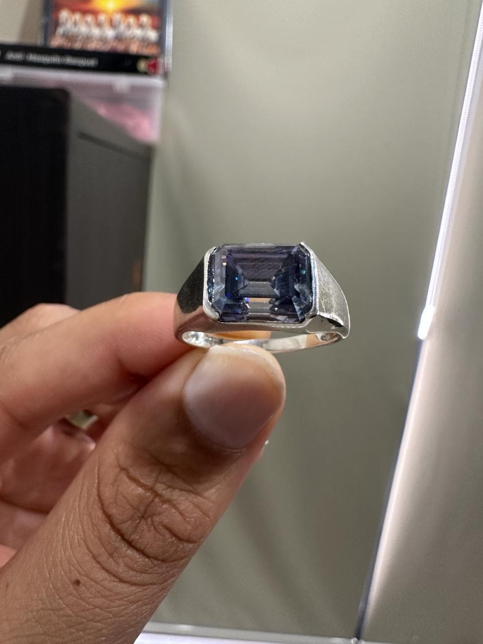 Ocean Blue Moissanite Men's Ring | 925 Silver | Emerald Shaped Gemstone ring