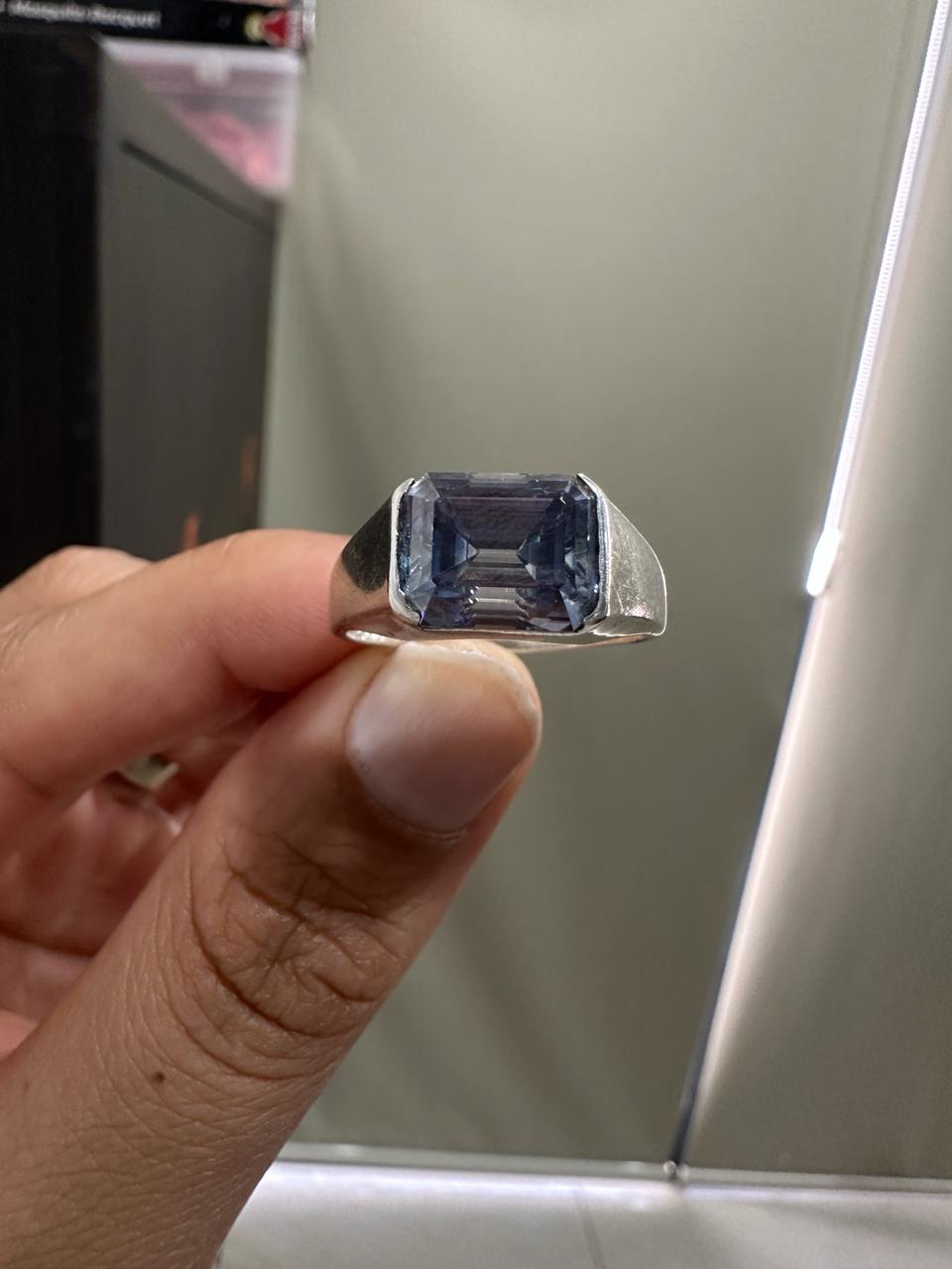 Ocean Blue Moissanite Men's Ring | 925 Silver | Emerald Shaped Gemstone ring