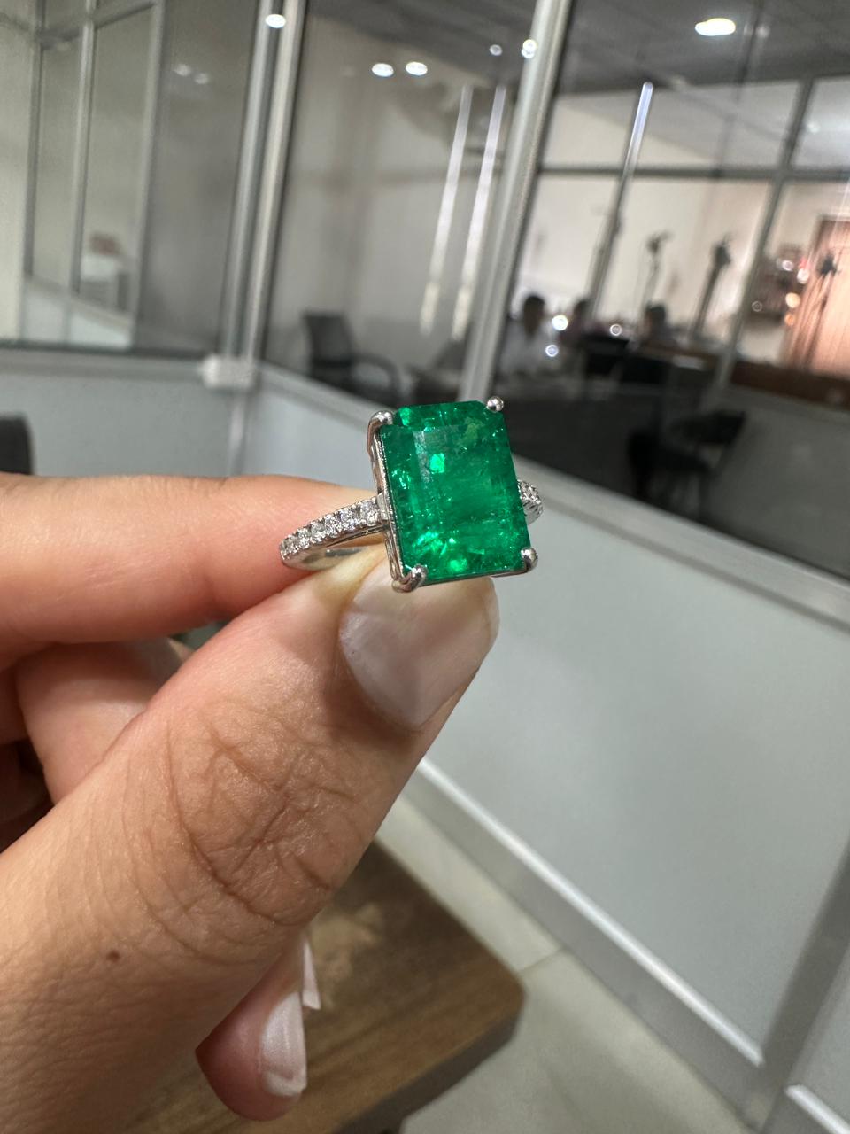 7 CT Lab Grown Colombian Emerald Engagement Ring, 14K White Gold Emerald Cut Gemstone