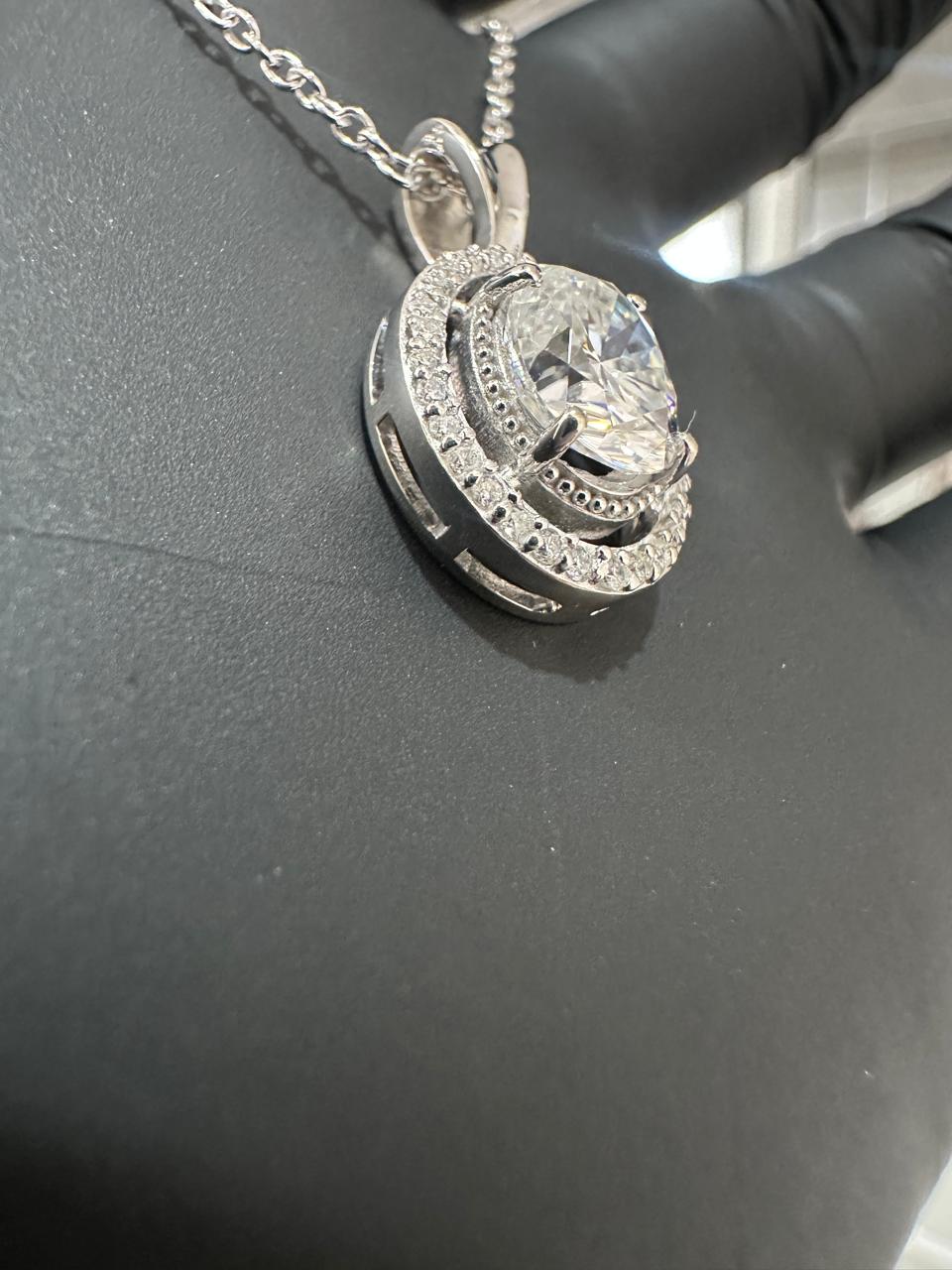 Oval Moissanite Halo Pendant Necklace | 925 Sterling Silver Statement Jewelry