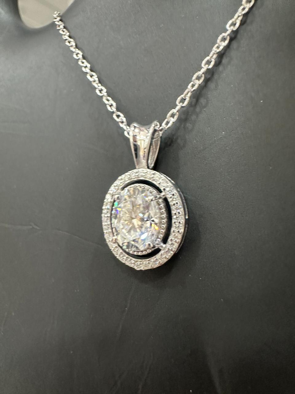 Oval Moissanite Halo Pendant Necklace | 925 Sterling Silver Statement Jewelry