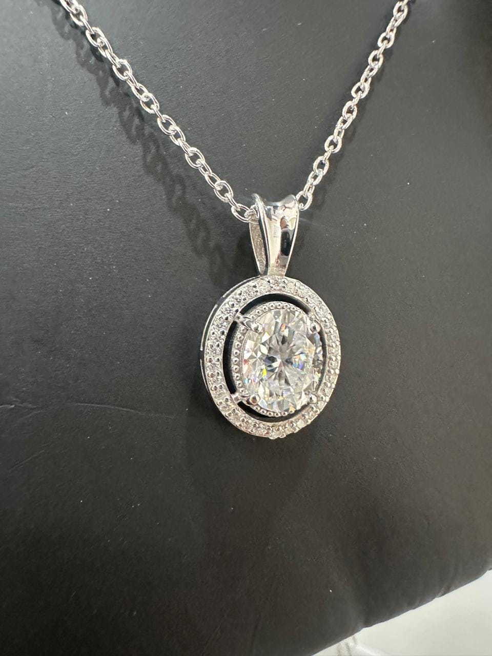Oval Moissanite Halo Pendant Necklace | 925 Sterling Silver Statement Jewelry