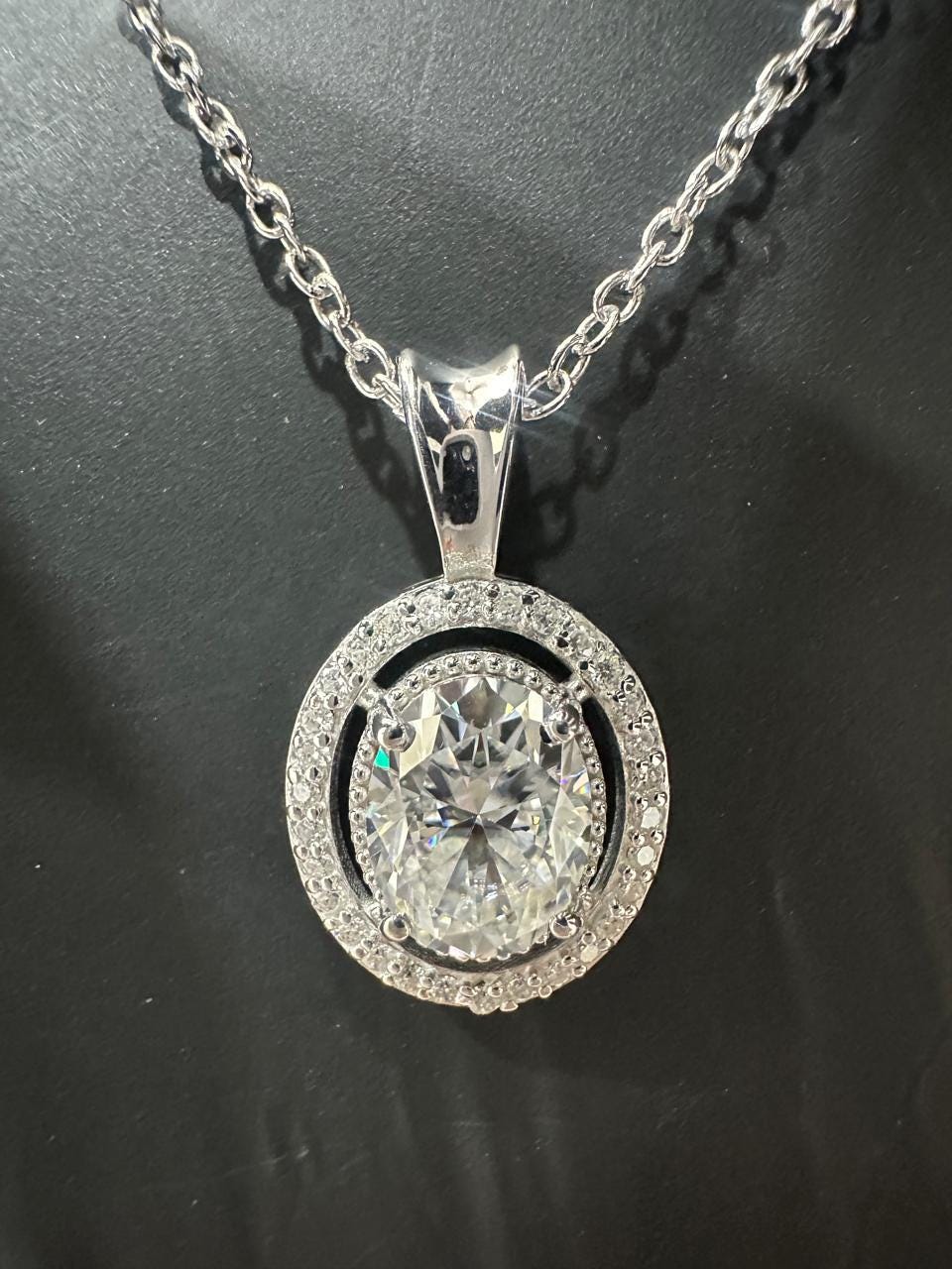 Oval Moissanite Halo Pendant Necklace | 925 Sterling Silver Statement Jewelry