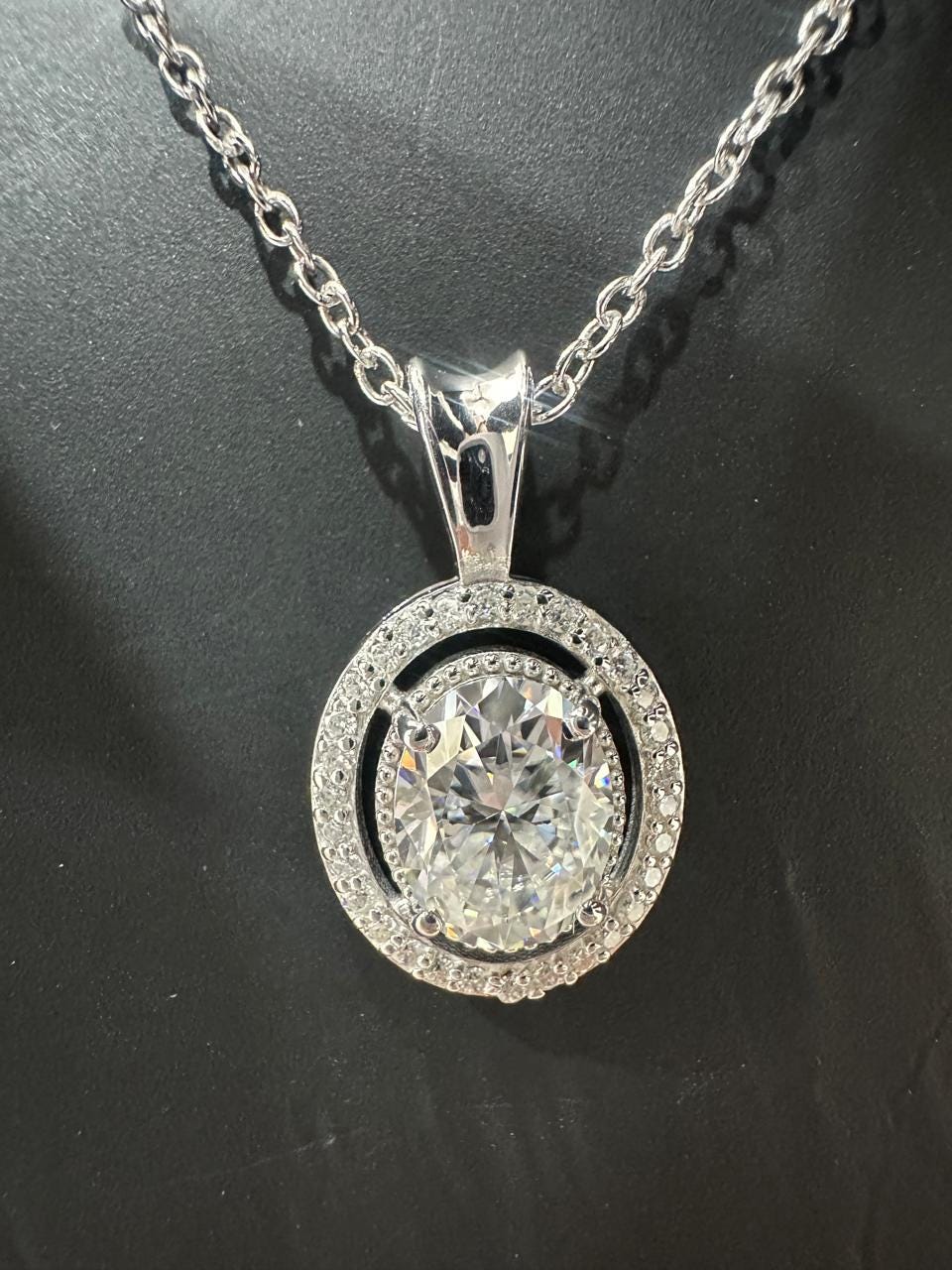 Oval Moissanite Halo Pendant Necklace | 925 Sterling Silver Statement Jewelry