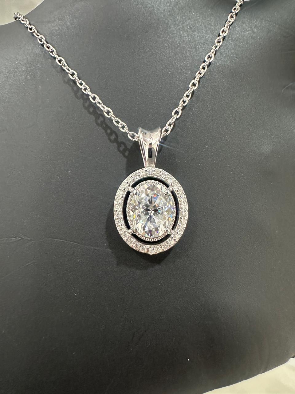 Oval Moissanite Halo Pendant Necklace | 925 Sterling Silver Statement Jewelry
