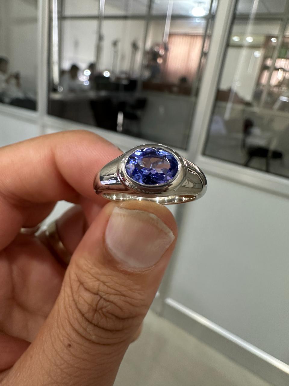 14K White Gold Tanzanite Dome Ring, Oval Blue Purple Gemstone, Modern Men's Band