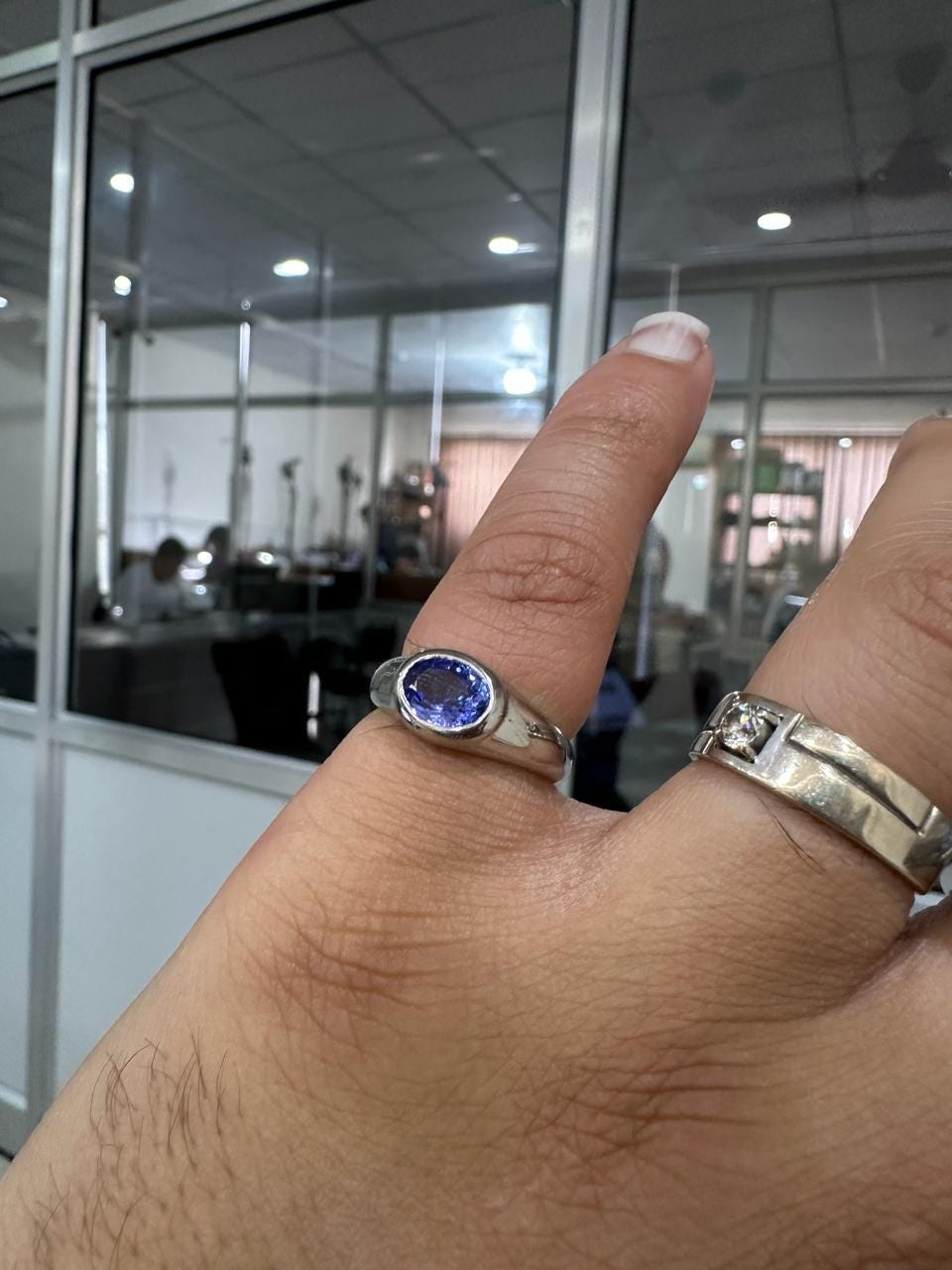 14K White Gold Tanzanite Dome Ring, Oval Blue Purple Gemstone, Modern Men's Band