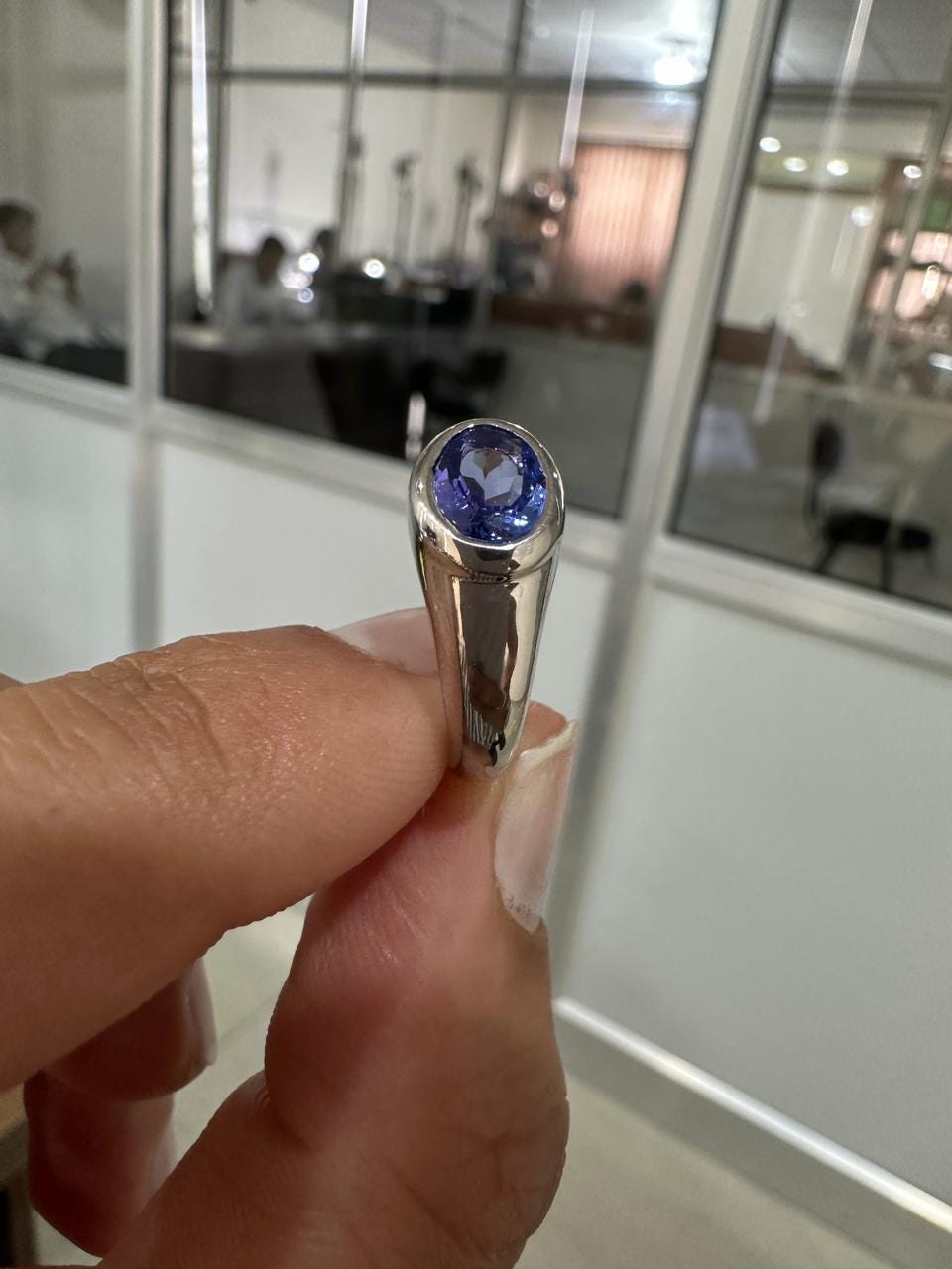 14K White Gold Tanzanite Dome Ring, Oval Blue Purple Gemstone, Modern Men's Band