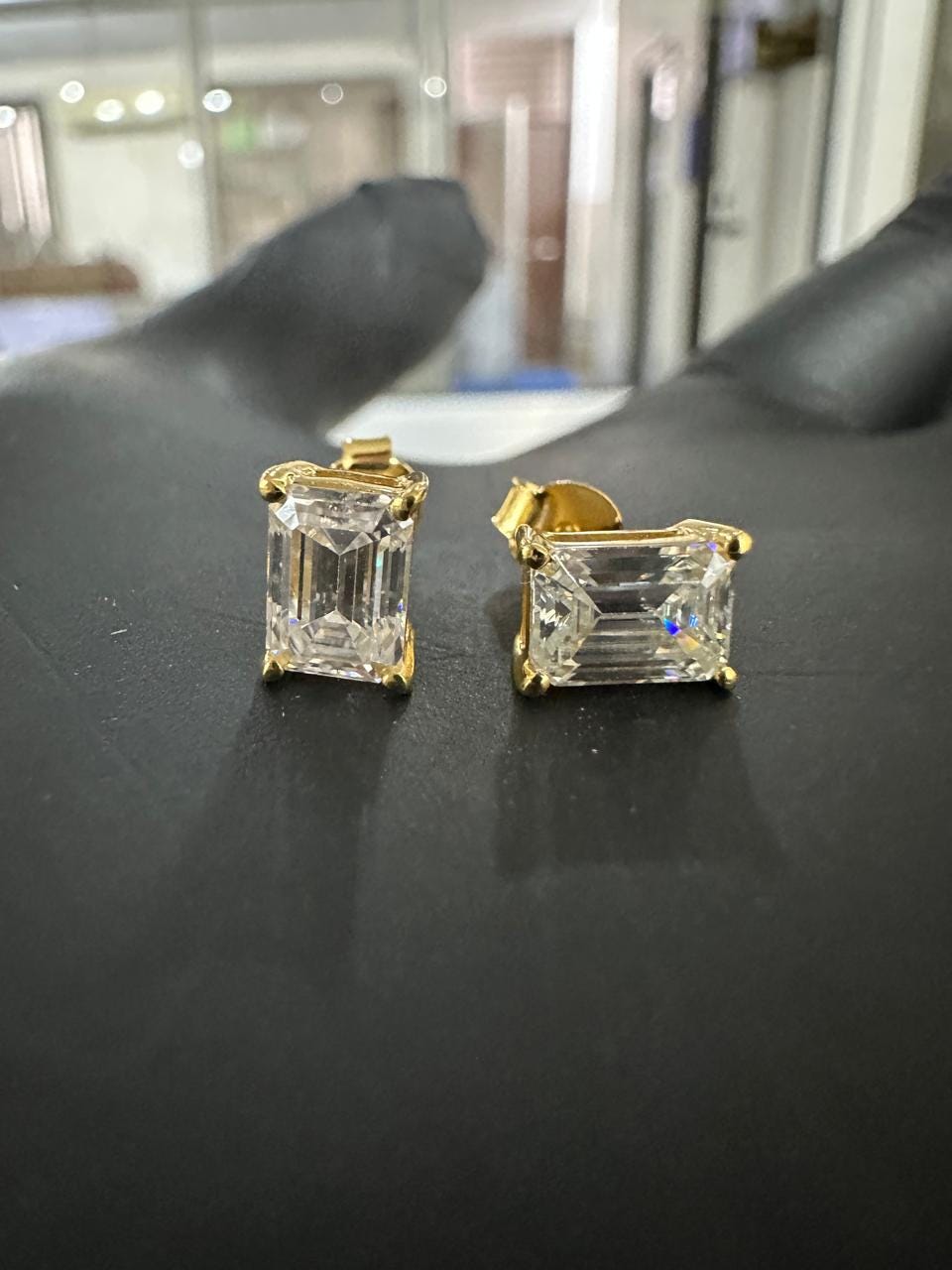 Emerald Cut Lab Diamond Stud Earrings | 18K Yellow Gold, E VS1, IGI Certified