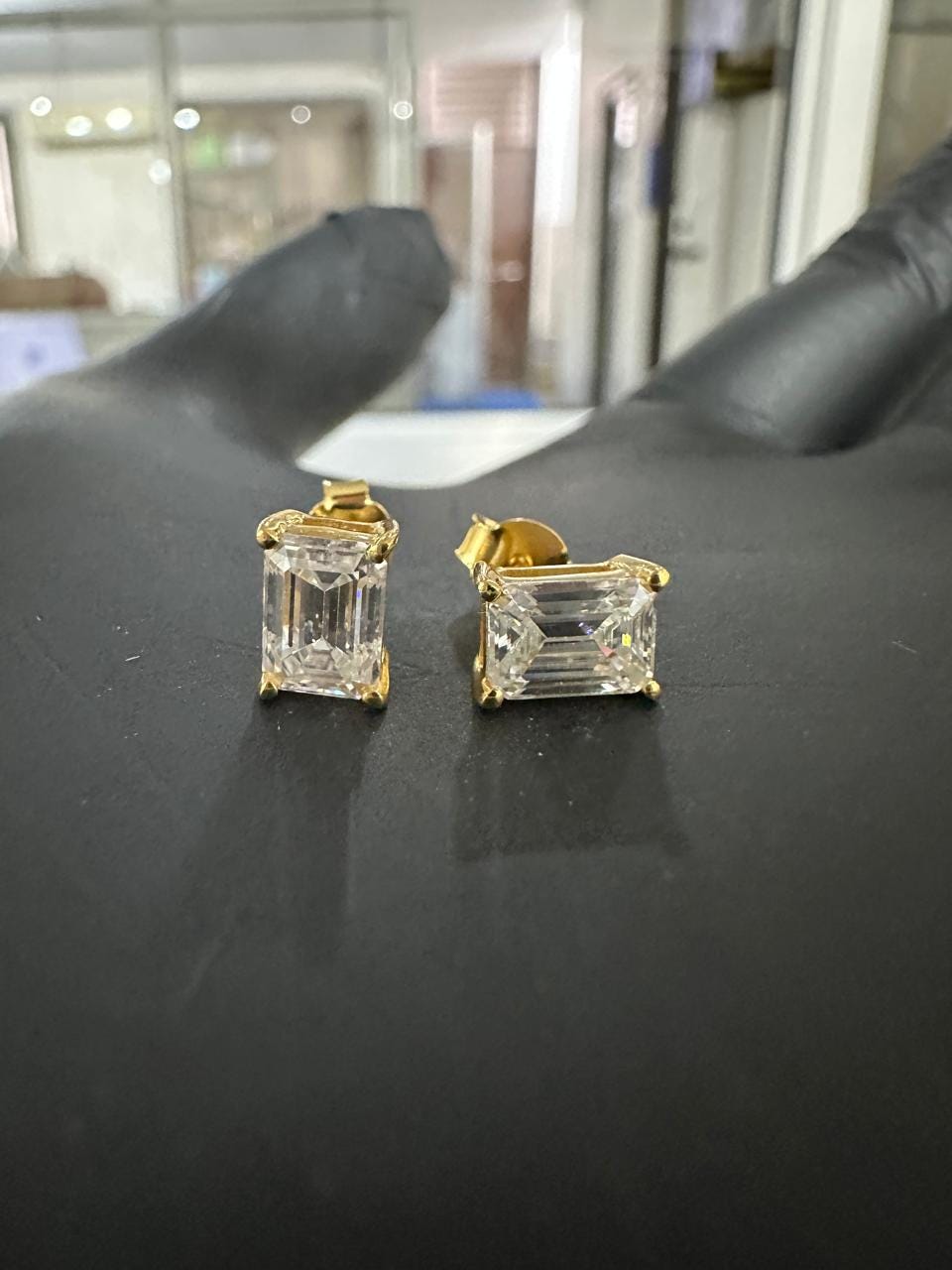 Emerald Cut Lab Diamond Stud Earrings | 18K Yellow Gold, E VS1, IGI Certified