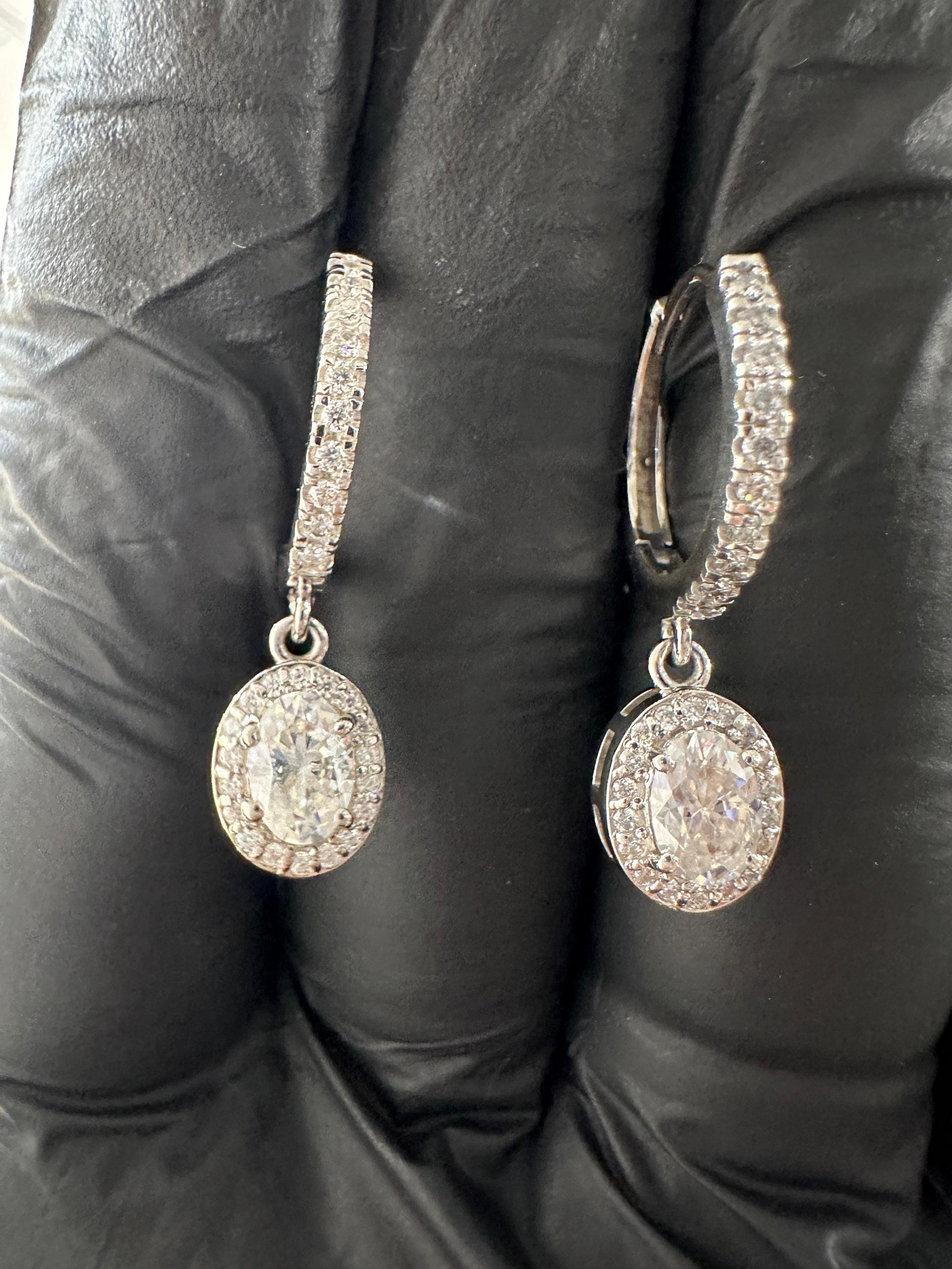 Oval Moissanite Halo Drop Hoop Earrings | 14k Gold Vermeil, Birthday Gift for her