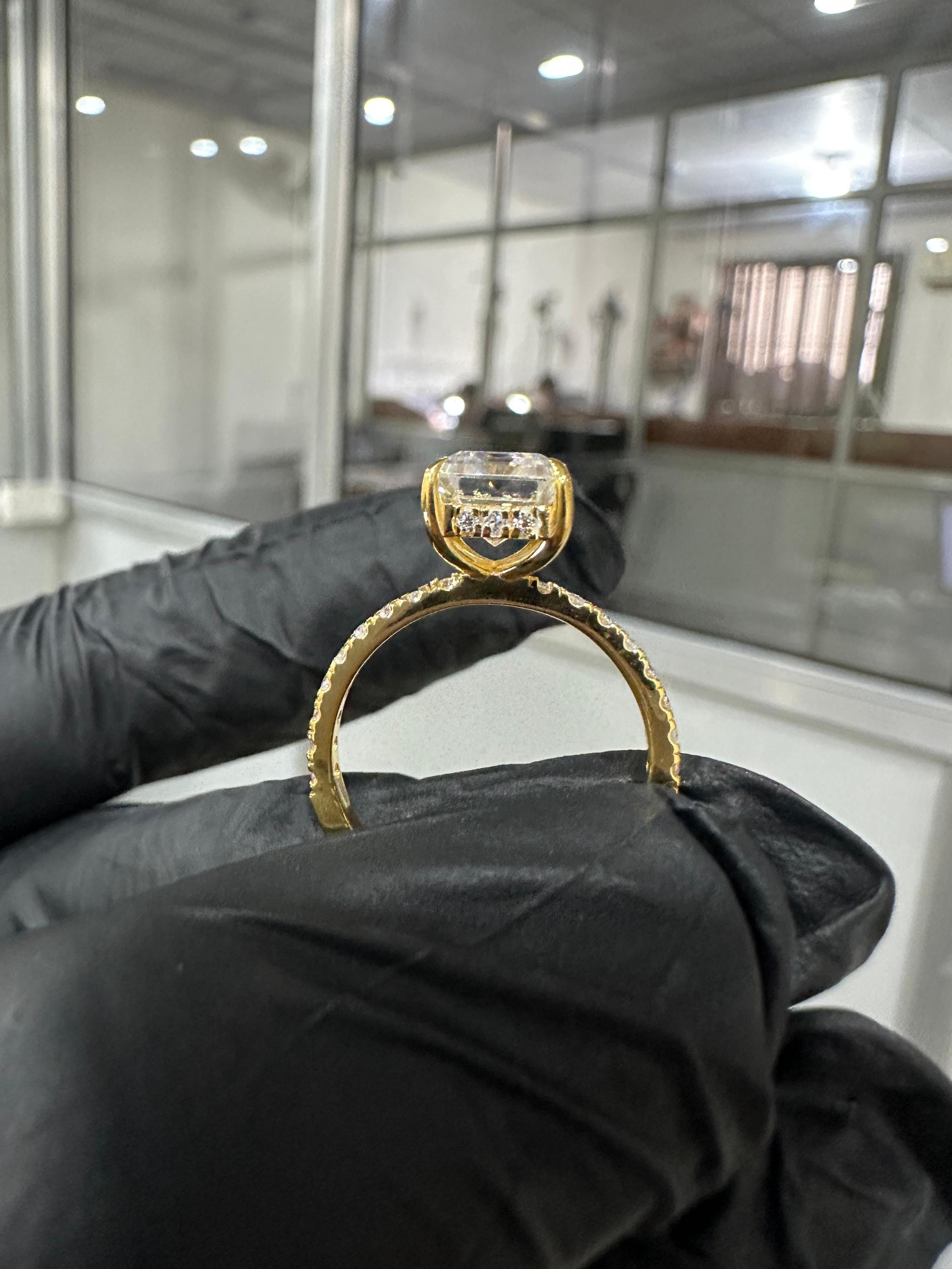 Emerald Moissanite Engagement Ring | 14K Yellow Gold Hidden Halo Pavé Band