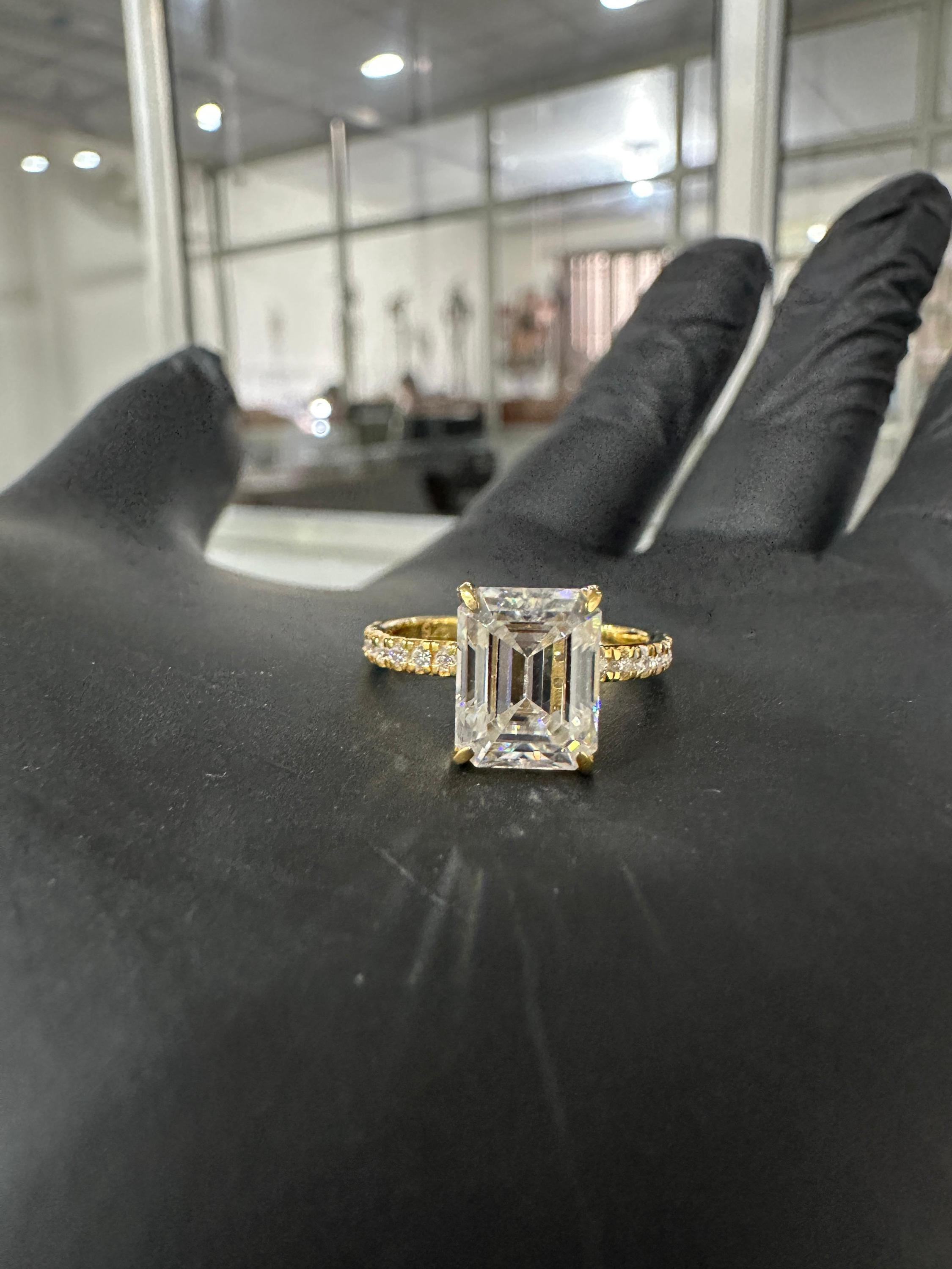 Emerald Moissanite Engagement Ring | 14K Yellow Gold Hidden Halo Pavé Band