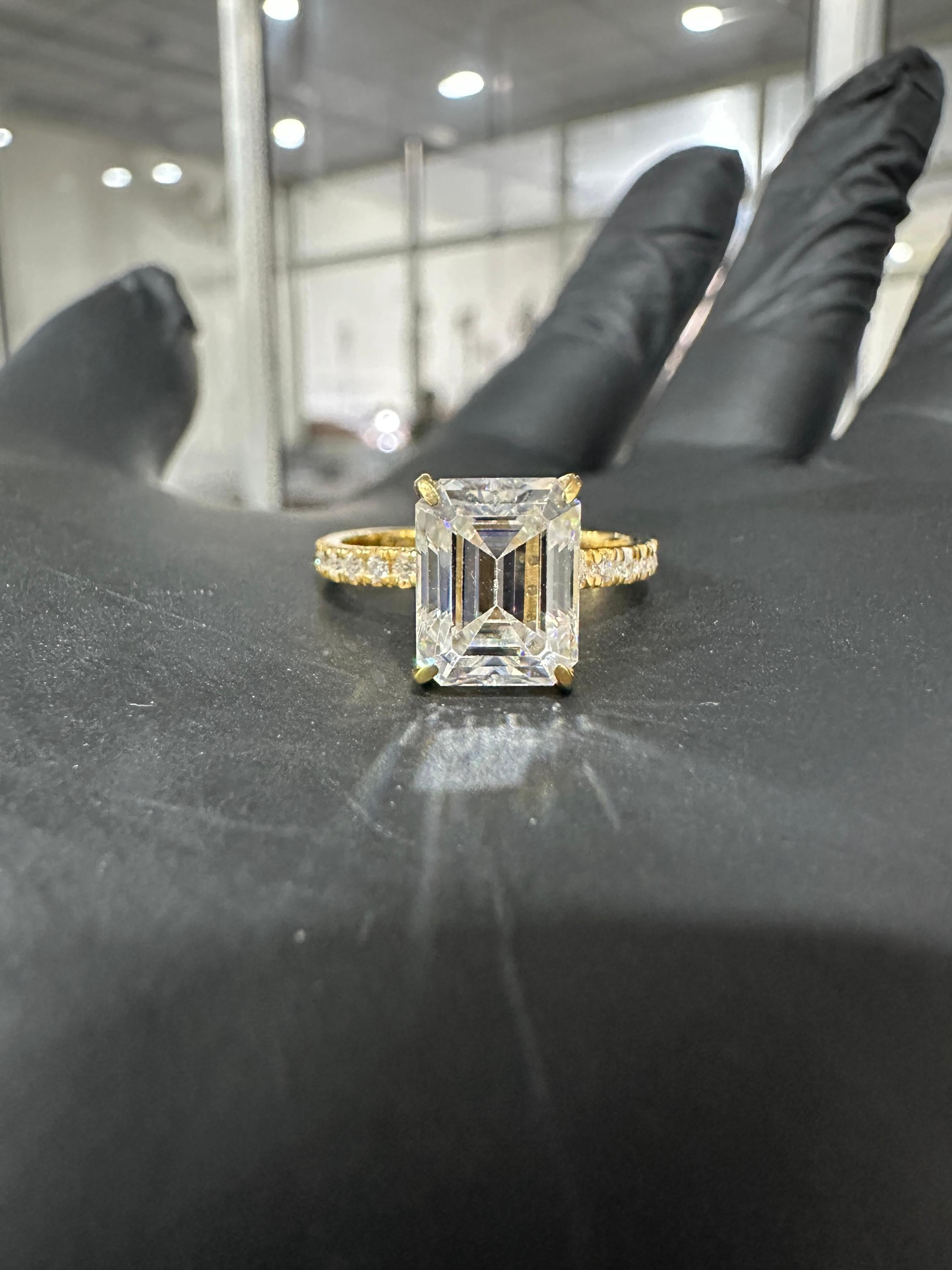 Emerald Moissanite Engagement Ring | 14K Yellow Gold Hidden Halo Pavé Band