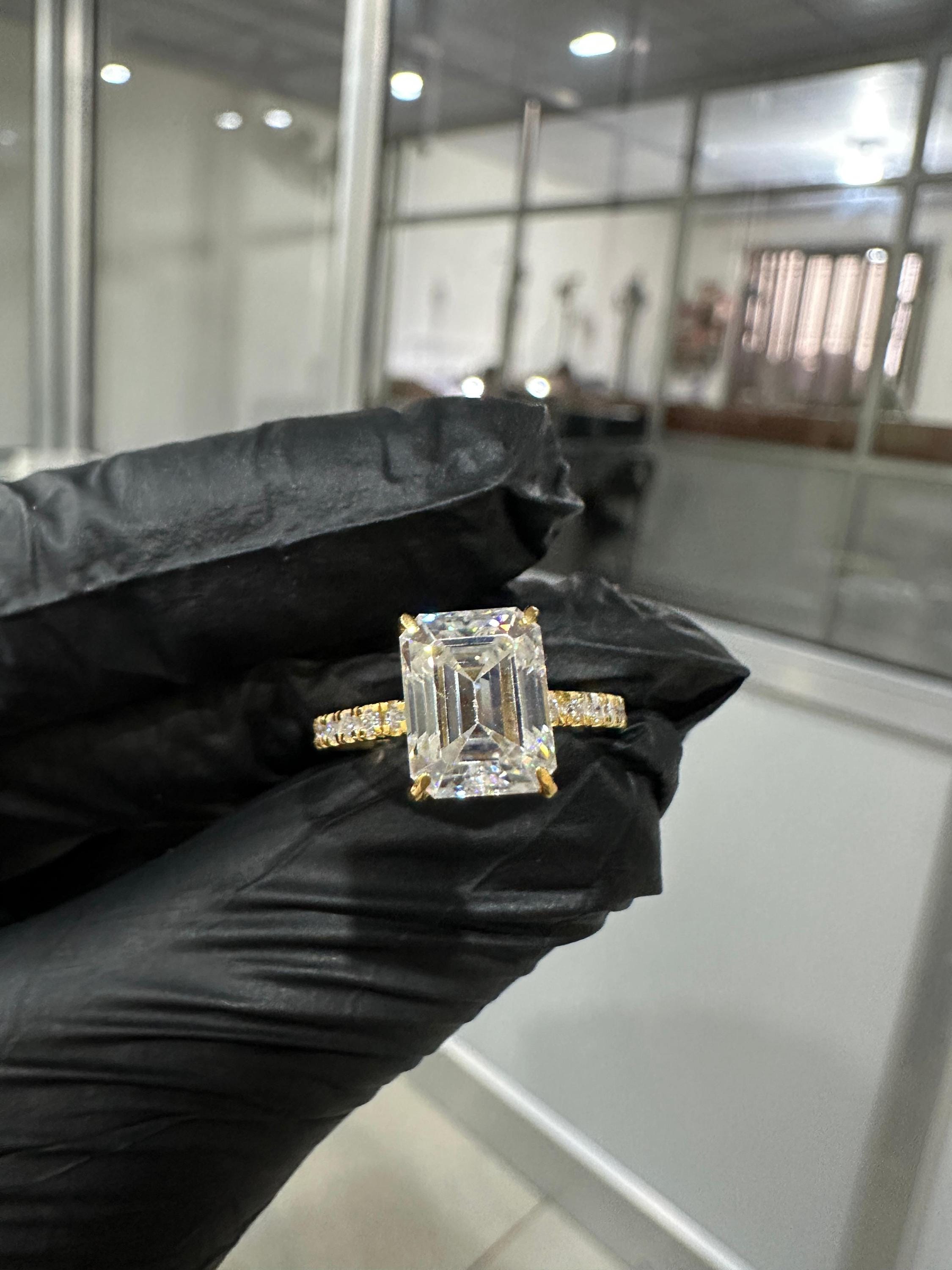 Emerald Moissanite Engagement Ring | 14K Yellow Gold Hidden Halo Pavé Band