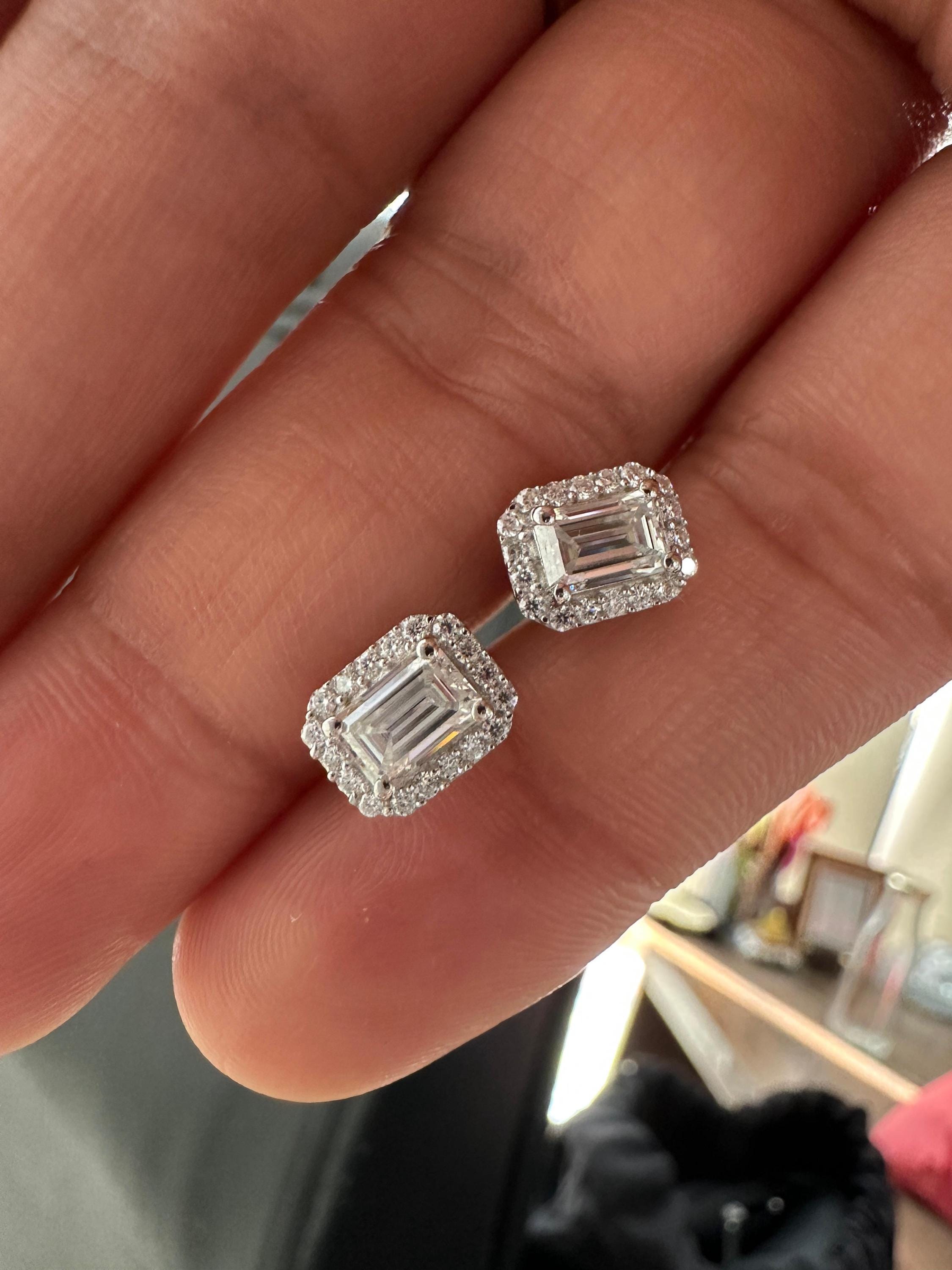 Emerald Cut Moissanite Halo Stud Earrings | 14K White Gold 2.5 CT Bridal Wedding Gift