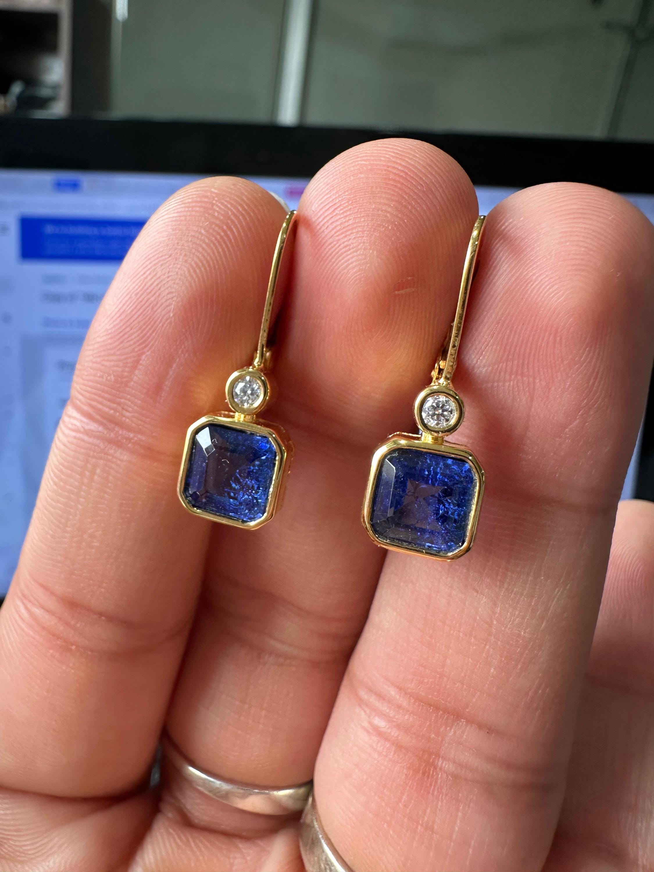 14K Gold Sapphire Diamond Earrings, Bezel Set Asscher Cut Lever Back Earrings