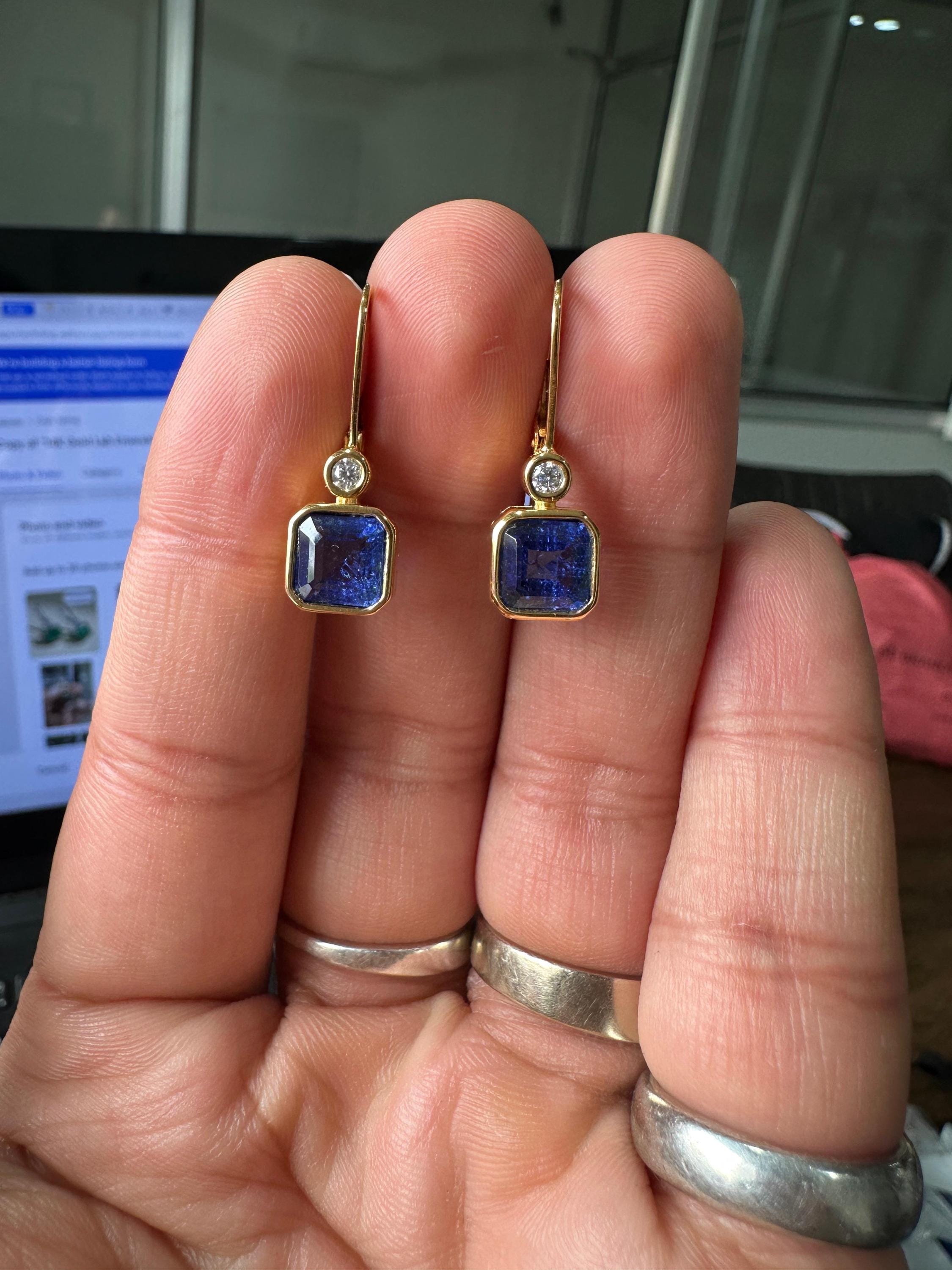 14K Gold Sapphire Diamond Earrings, Bezel Set Asscher Cut Lever Back Earrings