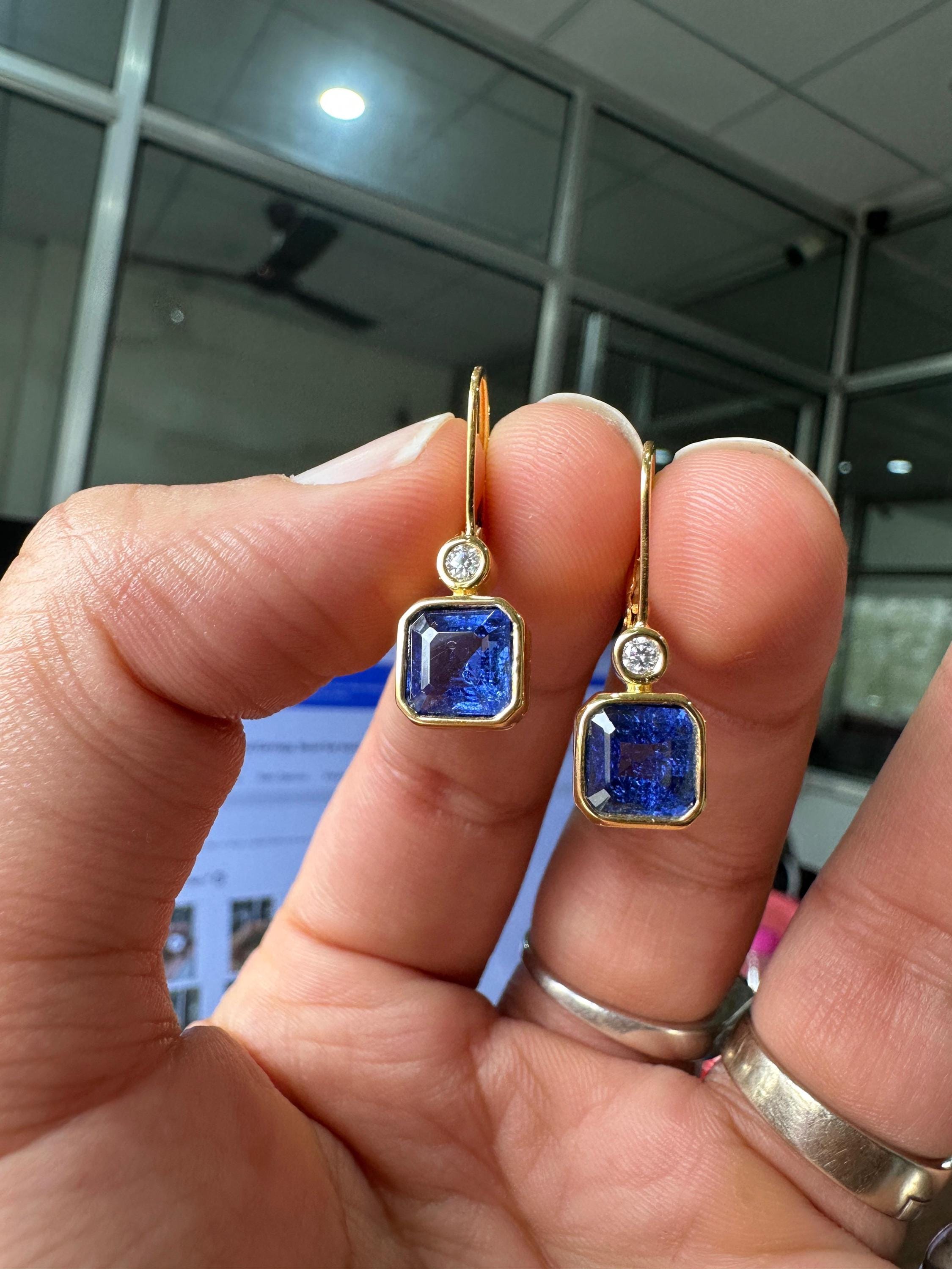 14k Yellow Gold Sapphire Lever Back Earrings, Luxury Anniversary Gifts for her