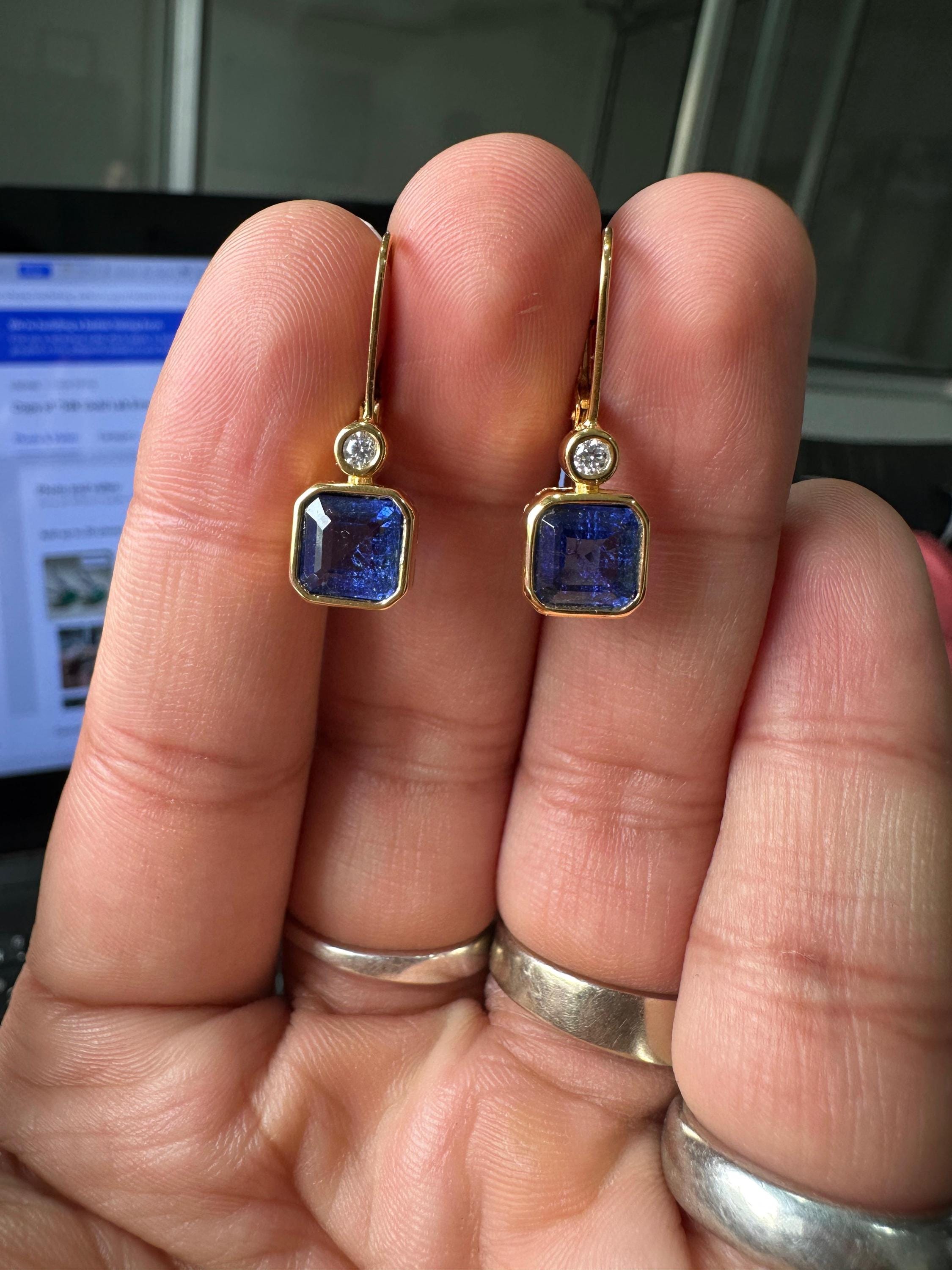 14k Yellow Gold Sapphire Lever Back Earrings, Luxury Anniversary Gifts for her