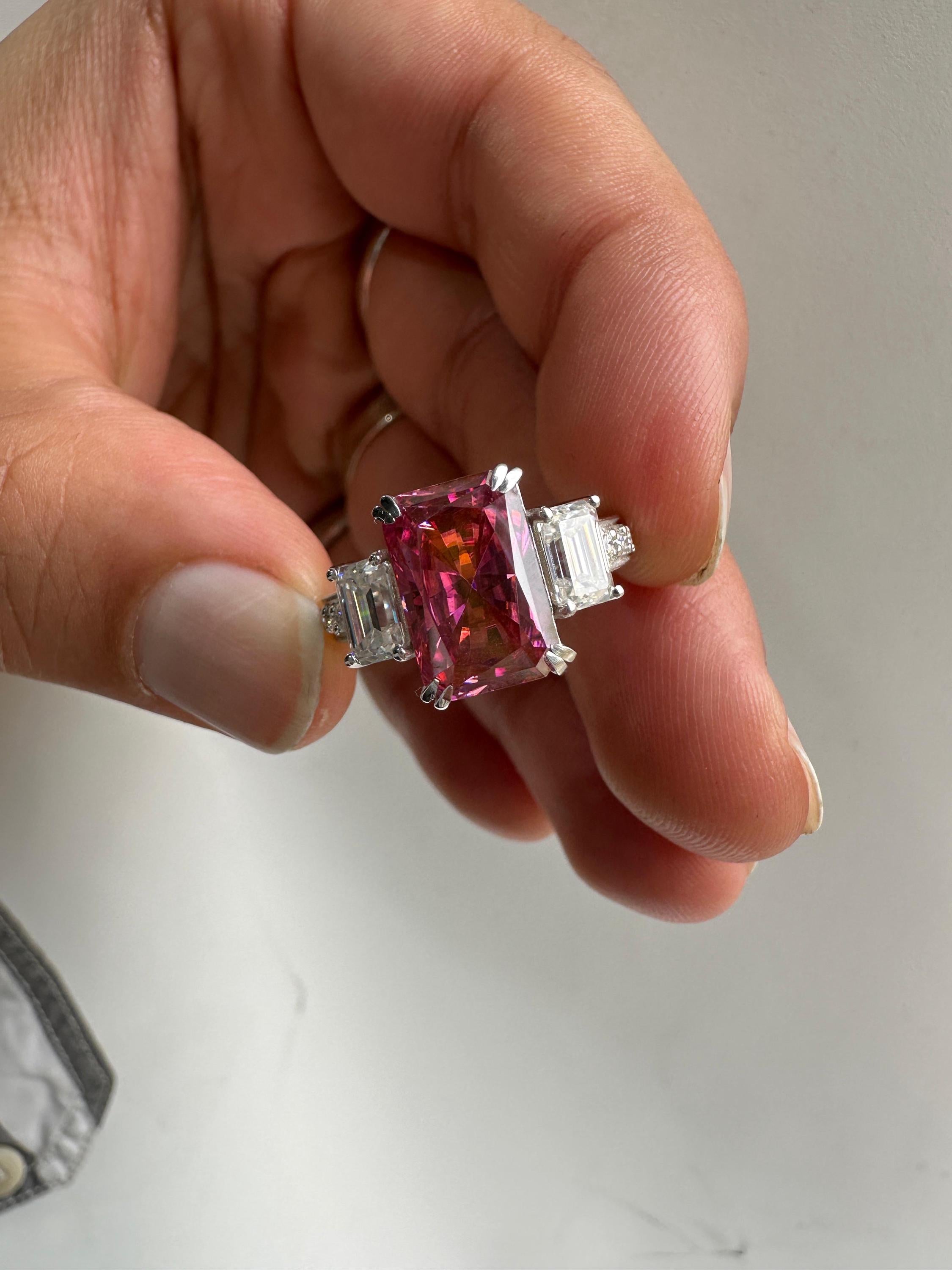 Pink Emerald Cut Moissanite Three Stone Ring | 14K White Gold Engagement Ring