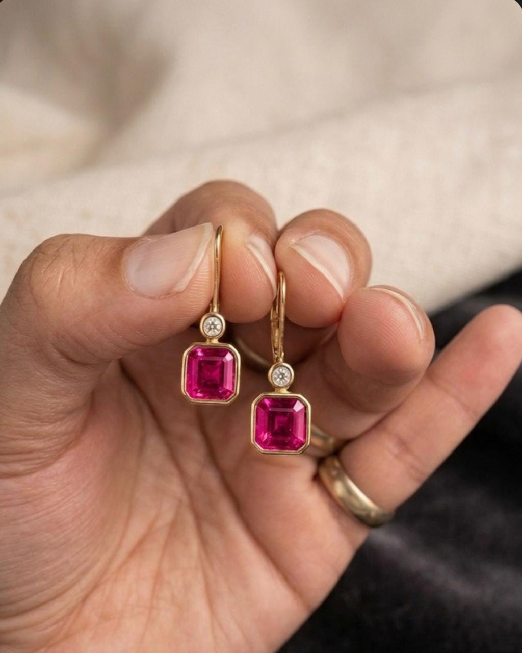 14K Gold Asscher Ruby Drop Earrings, Luxury Gift ideas for her