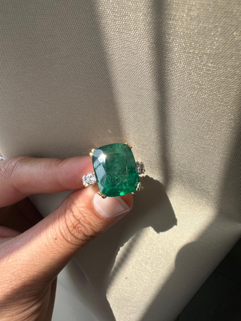15 CT Lab Emerald Cushion Cut Ring | 14K Solid Gold Moissanite Eternity Band